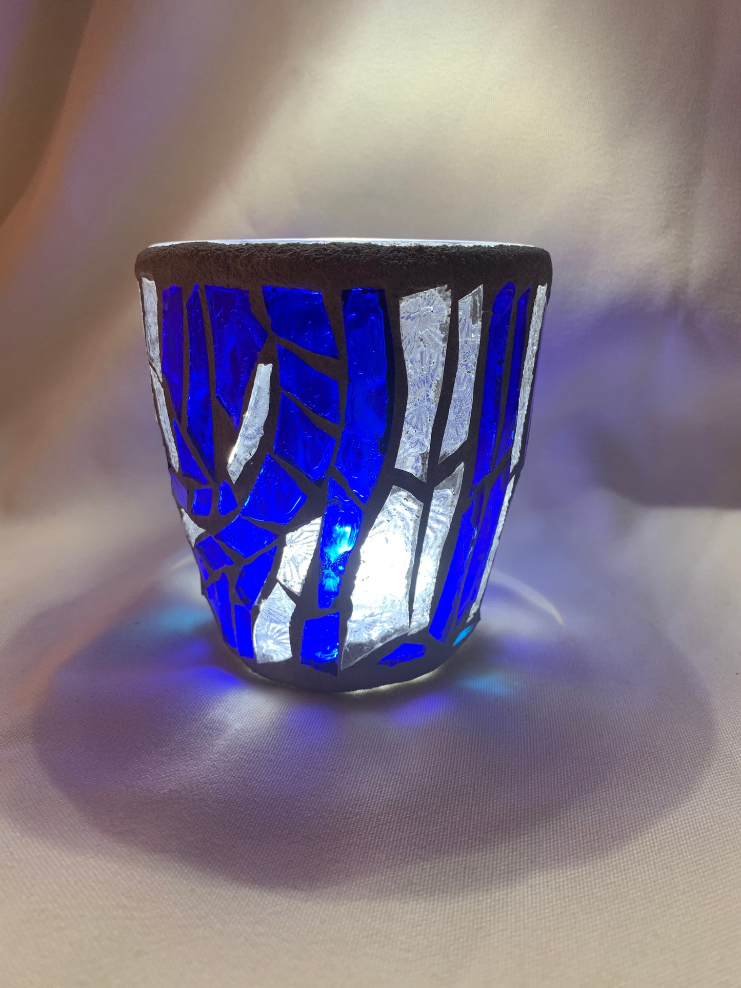 "Blue Crystal"  Stained Glass Candle Holder – Blue and Clear Glass with Delorean Gray Grout | Cathedral Candles"