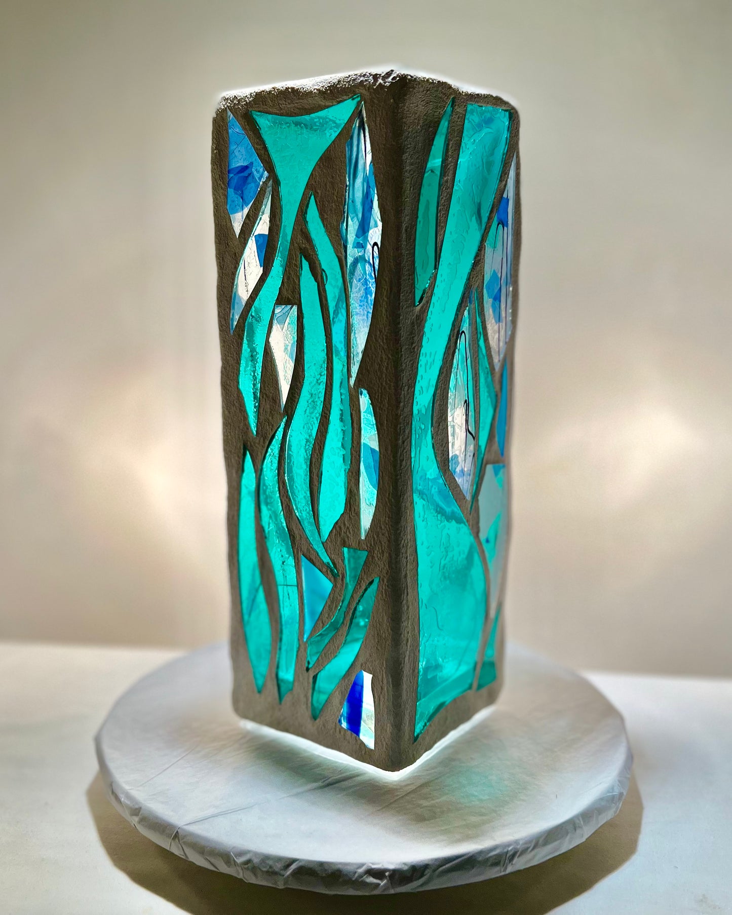"Big Green Sister OHO"  Stained Glass Candle Holder – Green and Blue Glass with White Grout, 12x4x4”