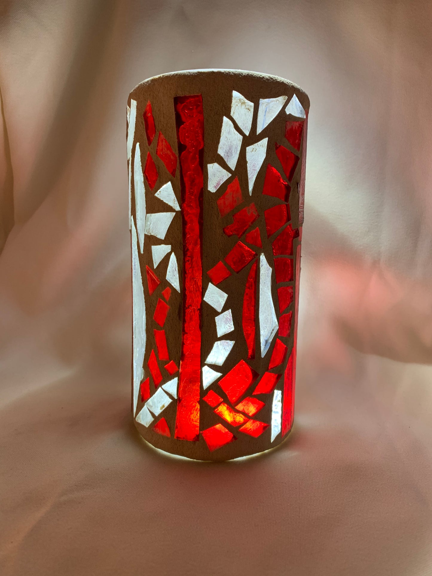 "Candy Cane" Stained Glass Candle Holder – Red, Clear Crystal, and Green Glass with Antique White Grout