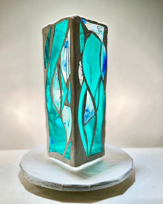 "Big Green Sister OHO"  Stained Glass Candle Holder – Green and Blue Glass with White Grout, 12x4x4”