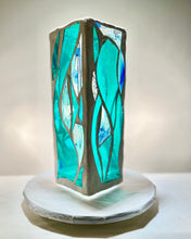 Load image into Gallery viewer, Big Green Sister OHO, Candle, candle holder, green and blue stained glass, white grout, 12x4x4&quot;
