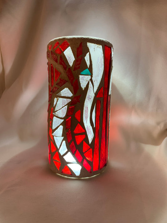 "Candy Cane" Stained Glass Candle Holder – Red, Clear Crystal, and Green Glass with Antique White Grout