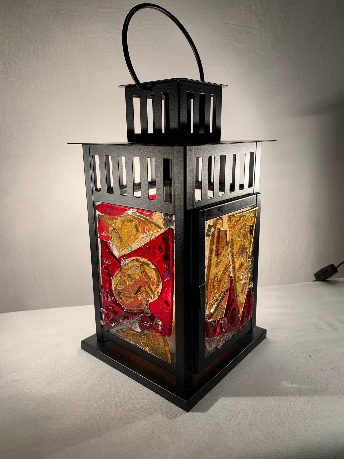 "Dark Magic: The Lantern" - Crimson, Yellow, and Clear Stained Glass, Halloween-Inspired Handcrafted Lantern"