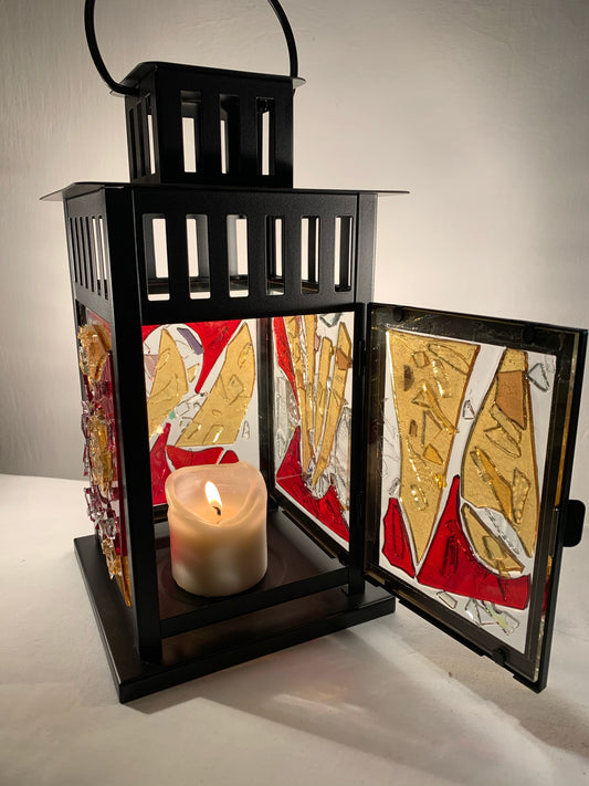 "Dark Magic: The Lantern" - Crimson, Yellow, and Clear Stained Glass, Halloween-Inspired Handcrafted Lantern"