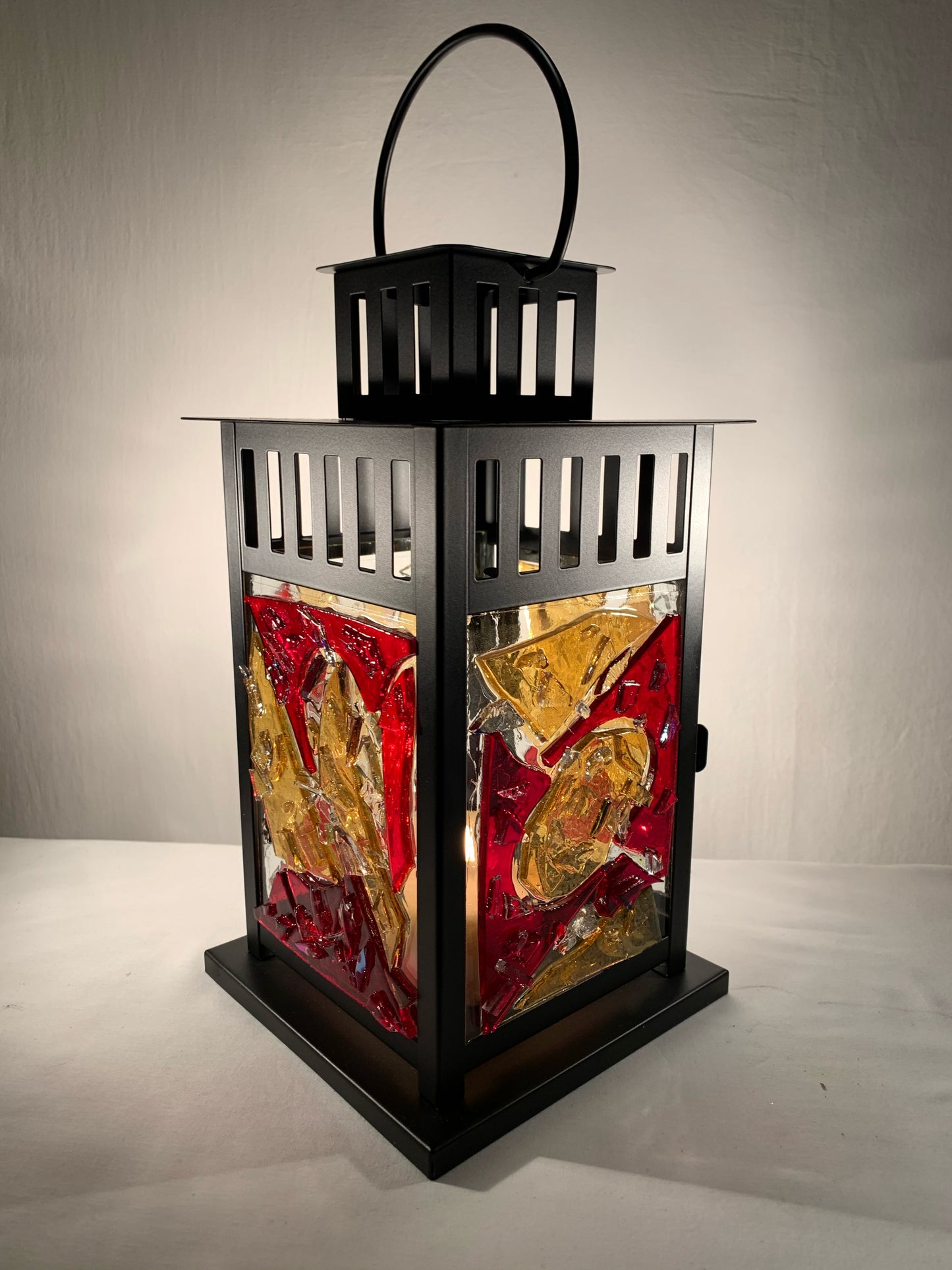 "Dark Magic: The Lantern" - Crimson, Yellow, and Clear Stained Glass, Halloween-Inspired Handcrafted Lantern"