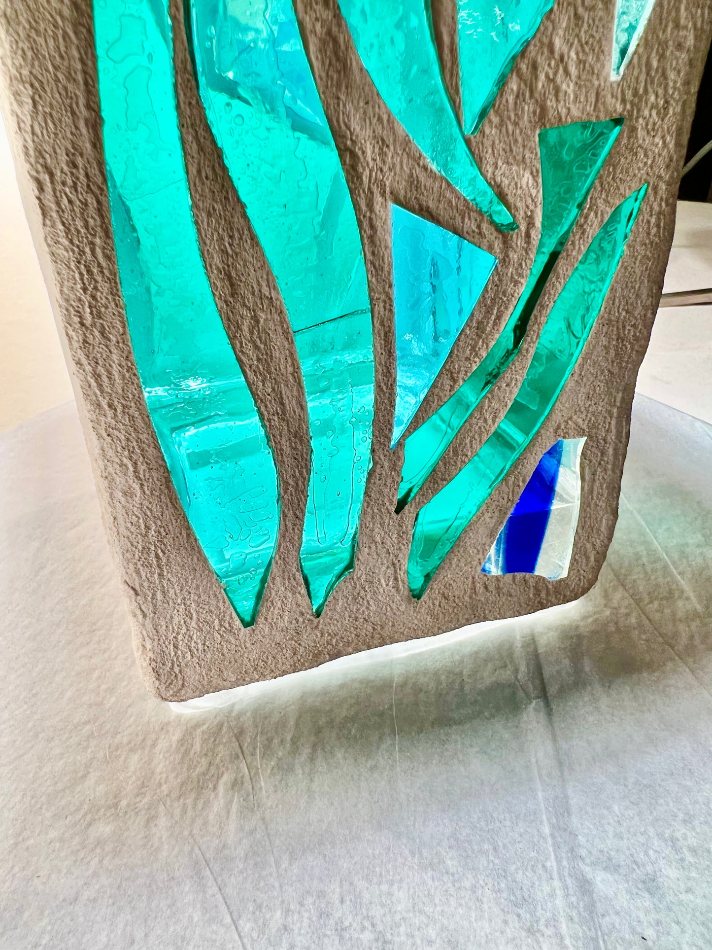 "Big Green Sister OHO"  Stained Glass Candle Holder – Green and Blue Glass with White Grout, 12x4x4”