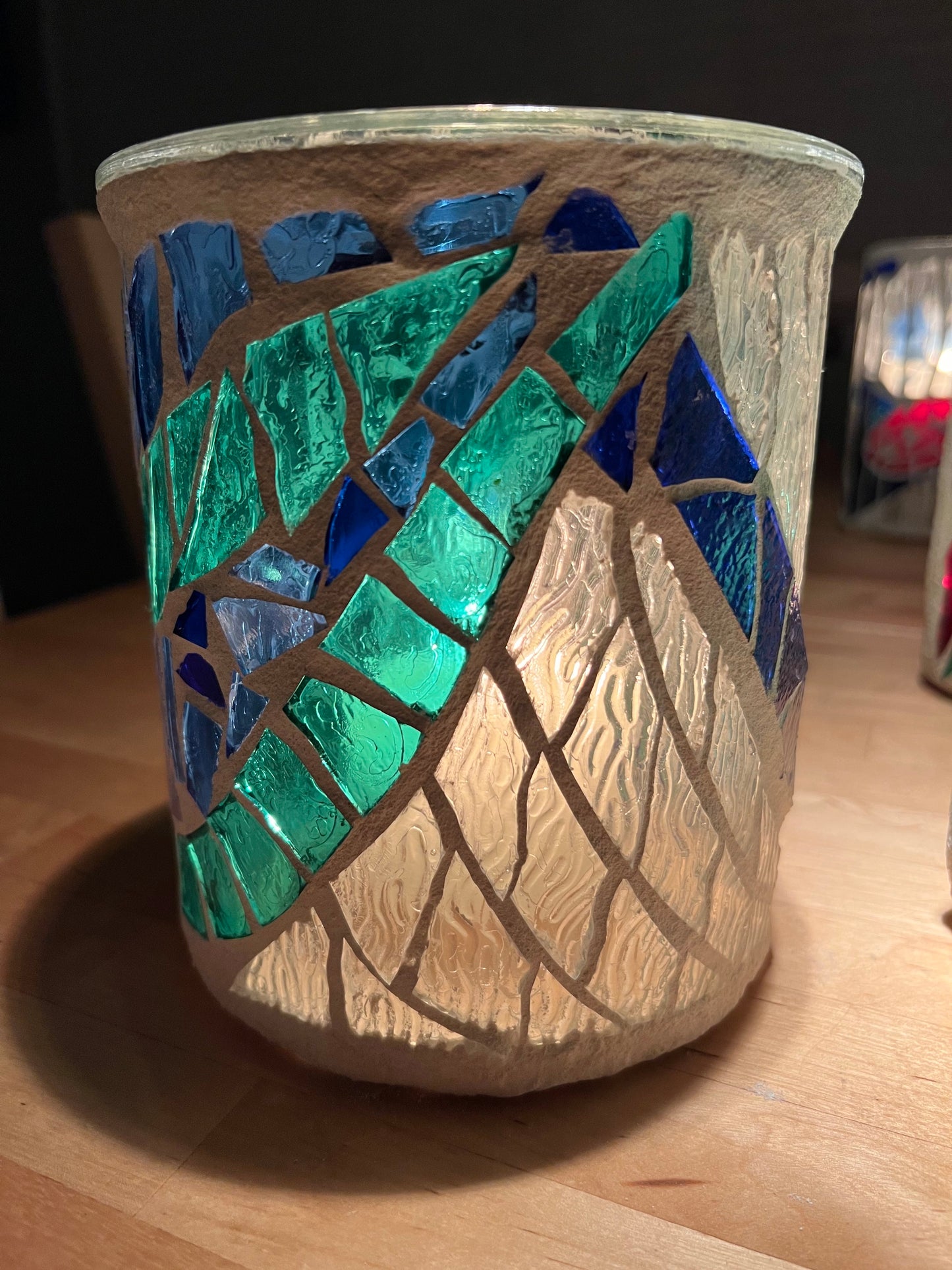 "Shallow Water" - Unique Stained Glass  Candleholder with Light Blue and Green Accents