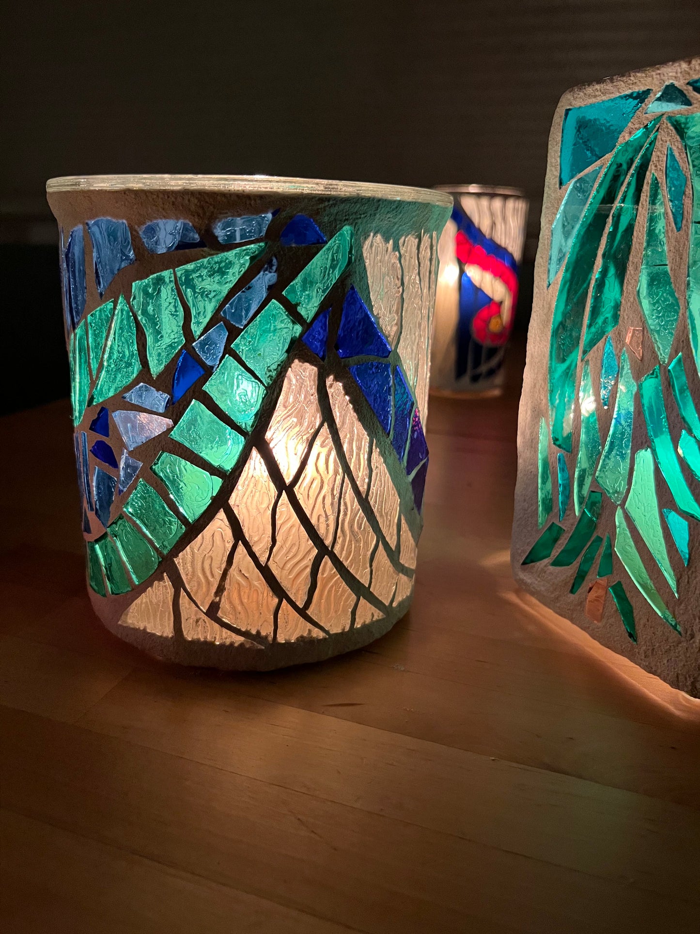 "Shallow Water" - Unique Stained Glass  Candleholder with Light Blue and Green Accents