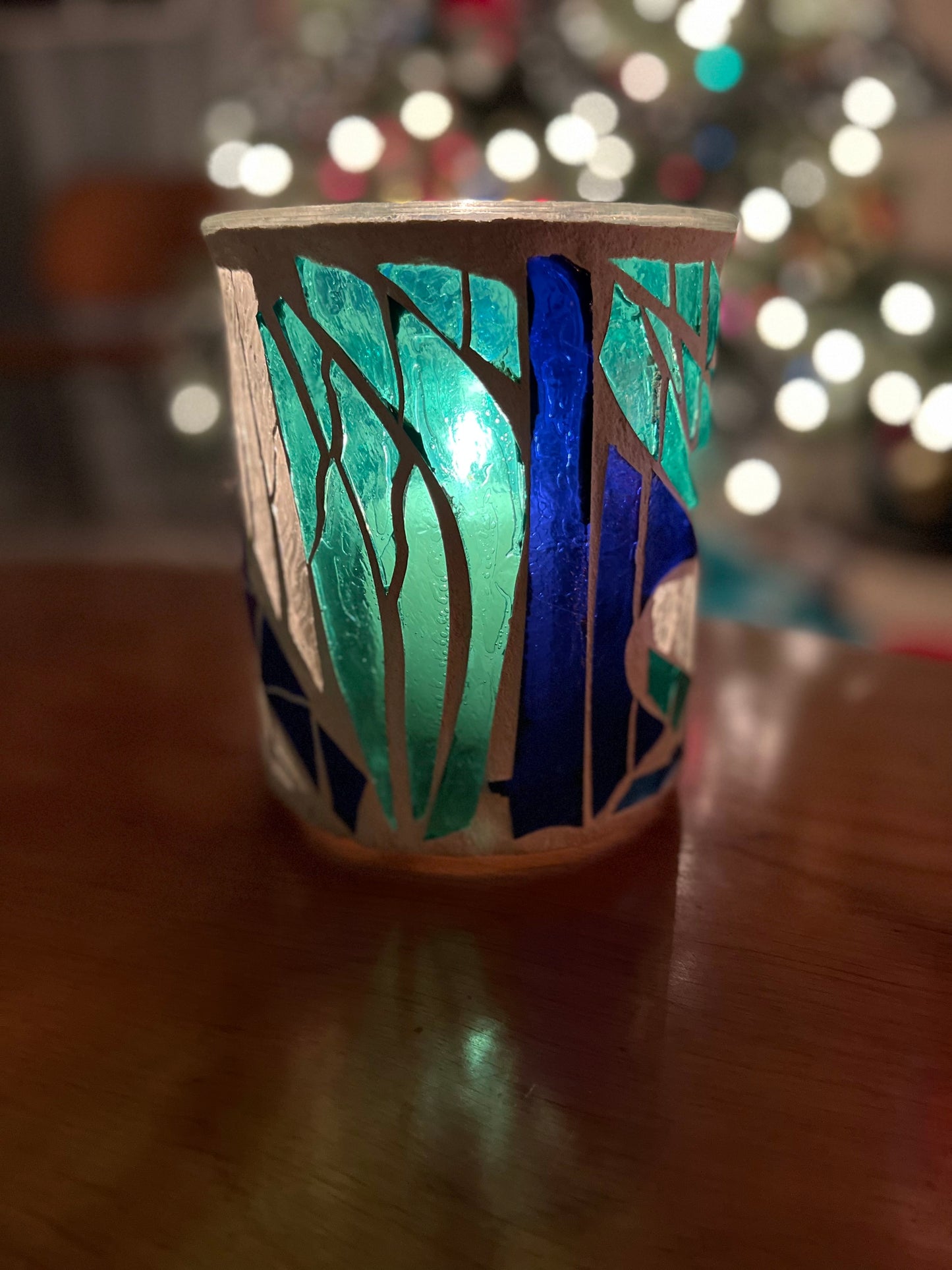 "Shallow Water" - Unique Stained Glass  Candleholder with Light Blue and Green Accents