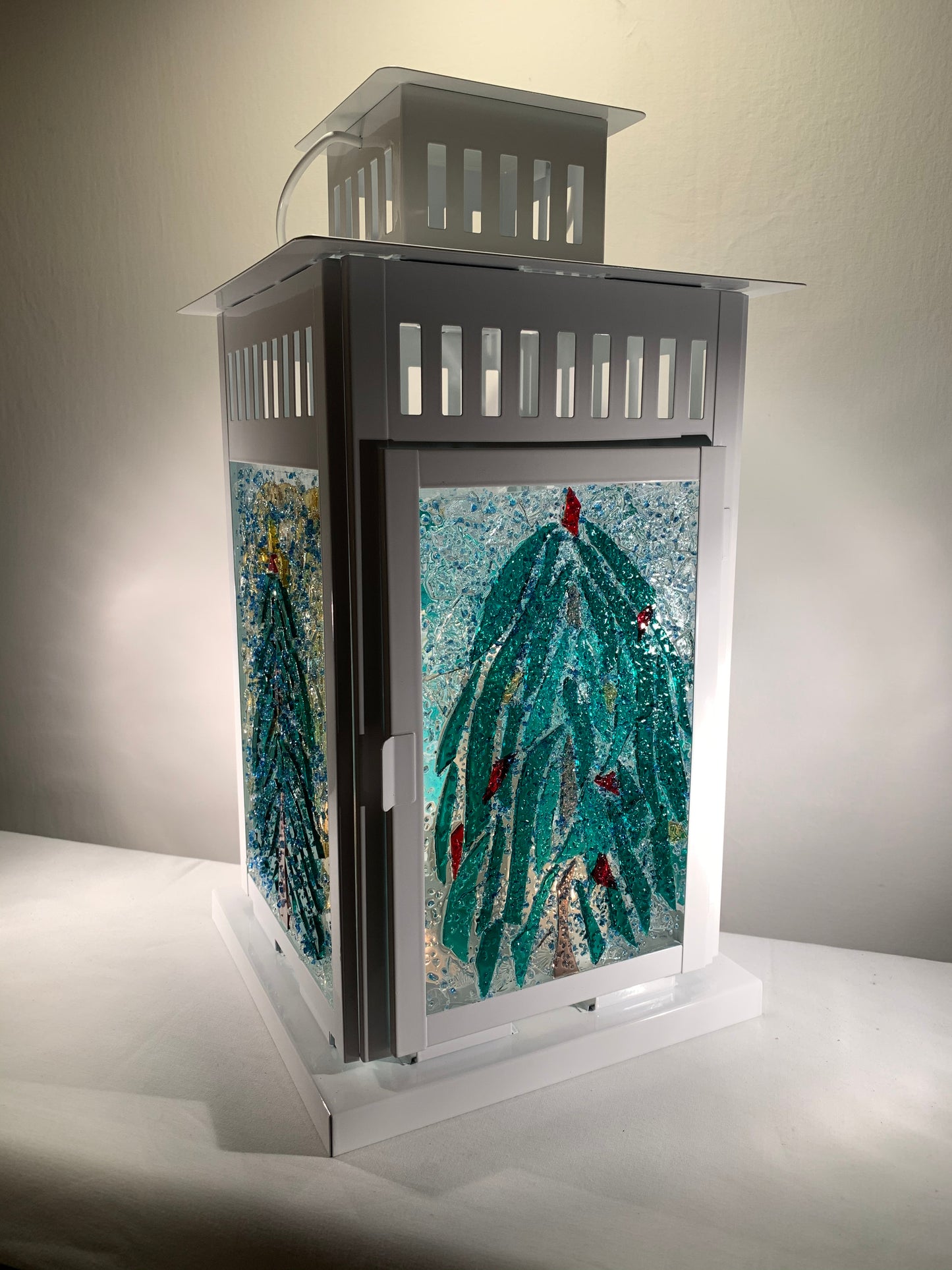 "Christmas Forest 2" Stained Glass Lantern – 14” Tall, Perfect for Holiday Decor