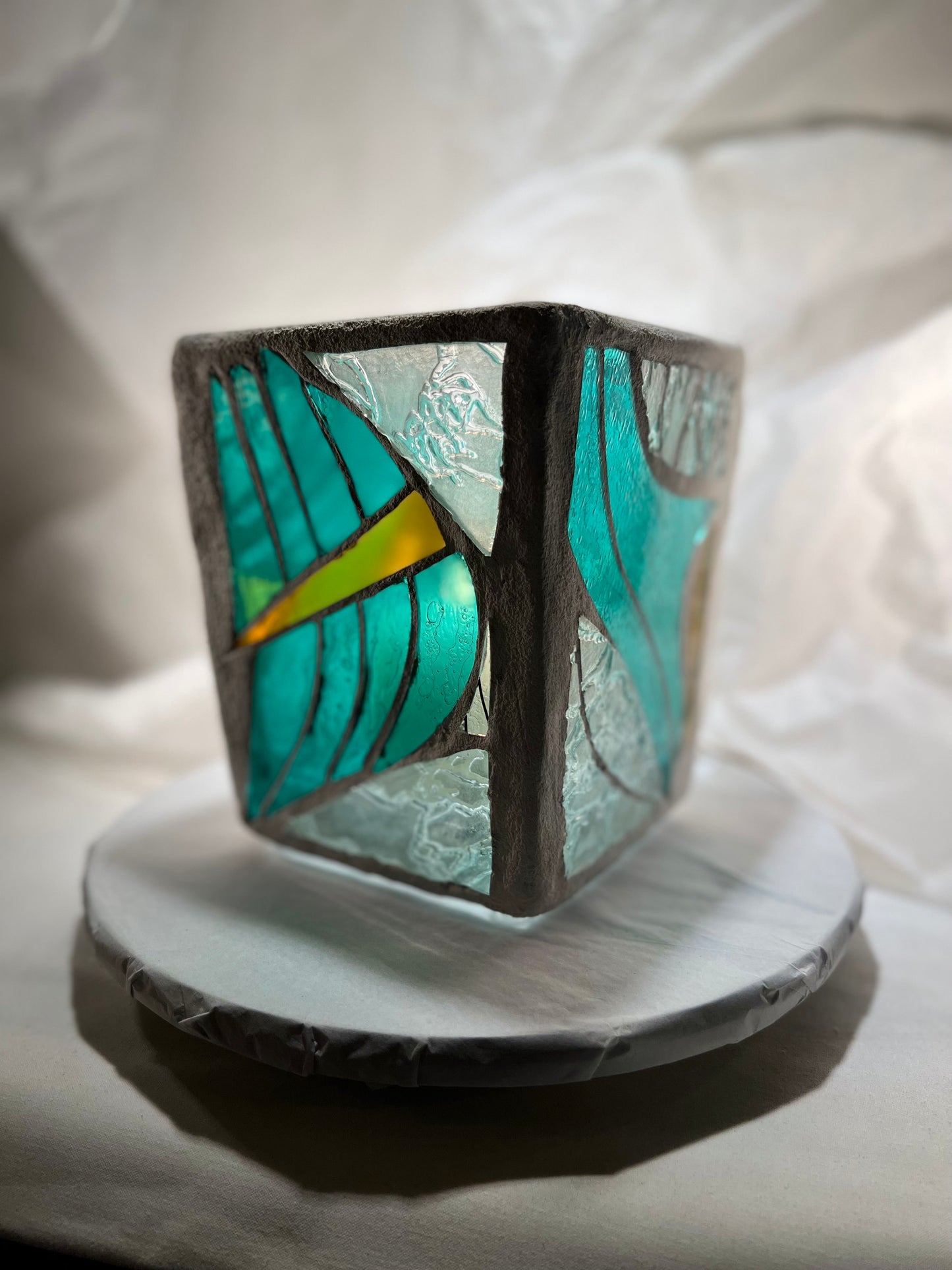 "Sail Away" - 7-inch Light Green & Crystal Clear Stained Glass Vase Candleholder