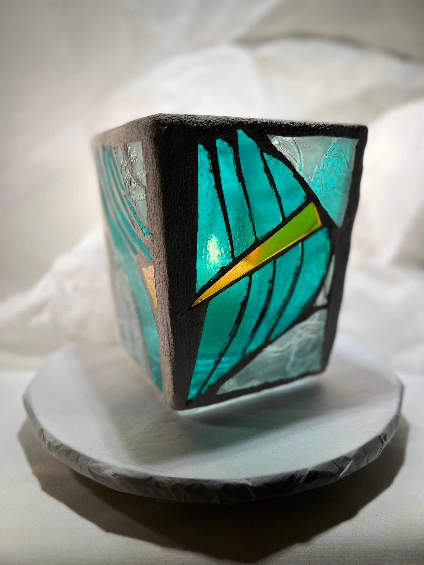 "Sail Away" - 7-inch Light Green & Crystal Clear Stained Glass Vase Candleholder