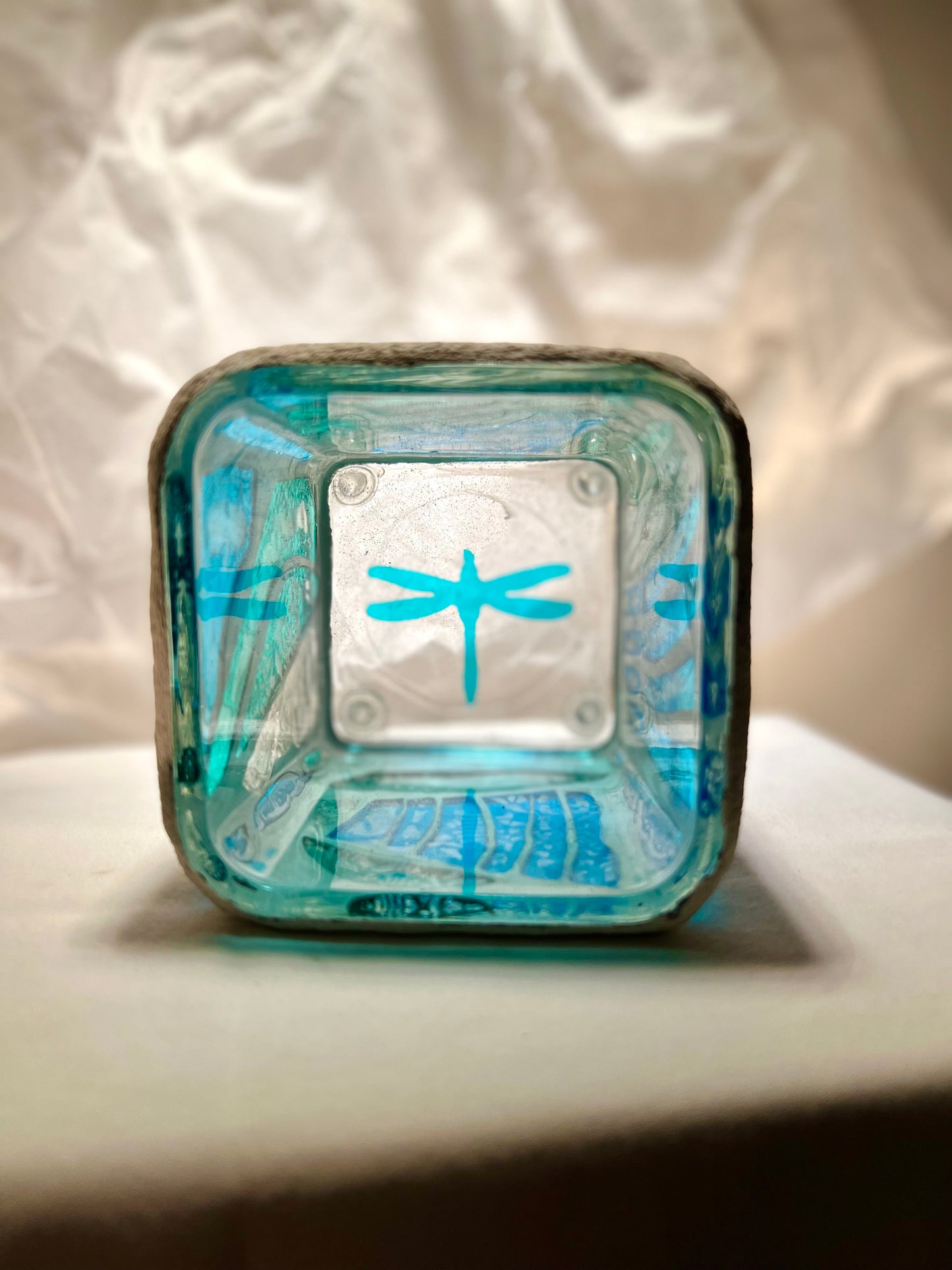 "Dragonfly Blue" Stained Glass Candleholder, 3x3 with iridescent multi-colored changing glass- Cathedral Candles