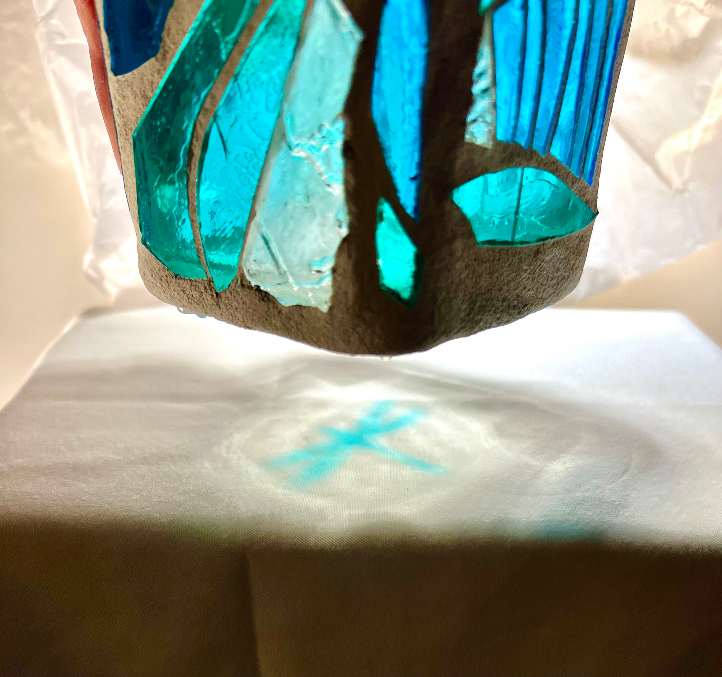 "Dragonfly Blue" Stained Glass Candleholder, 3x3 with iridescent multi-colored changing glass- Cathedral Candles