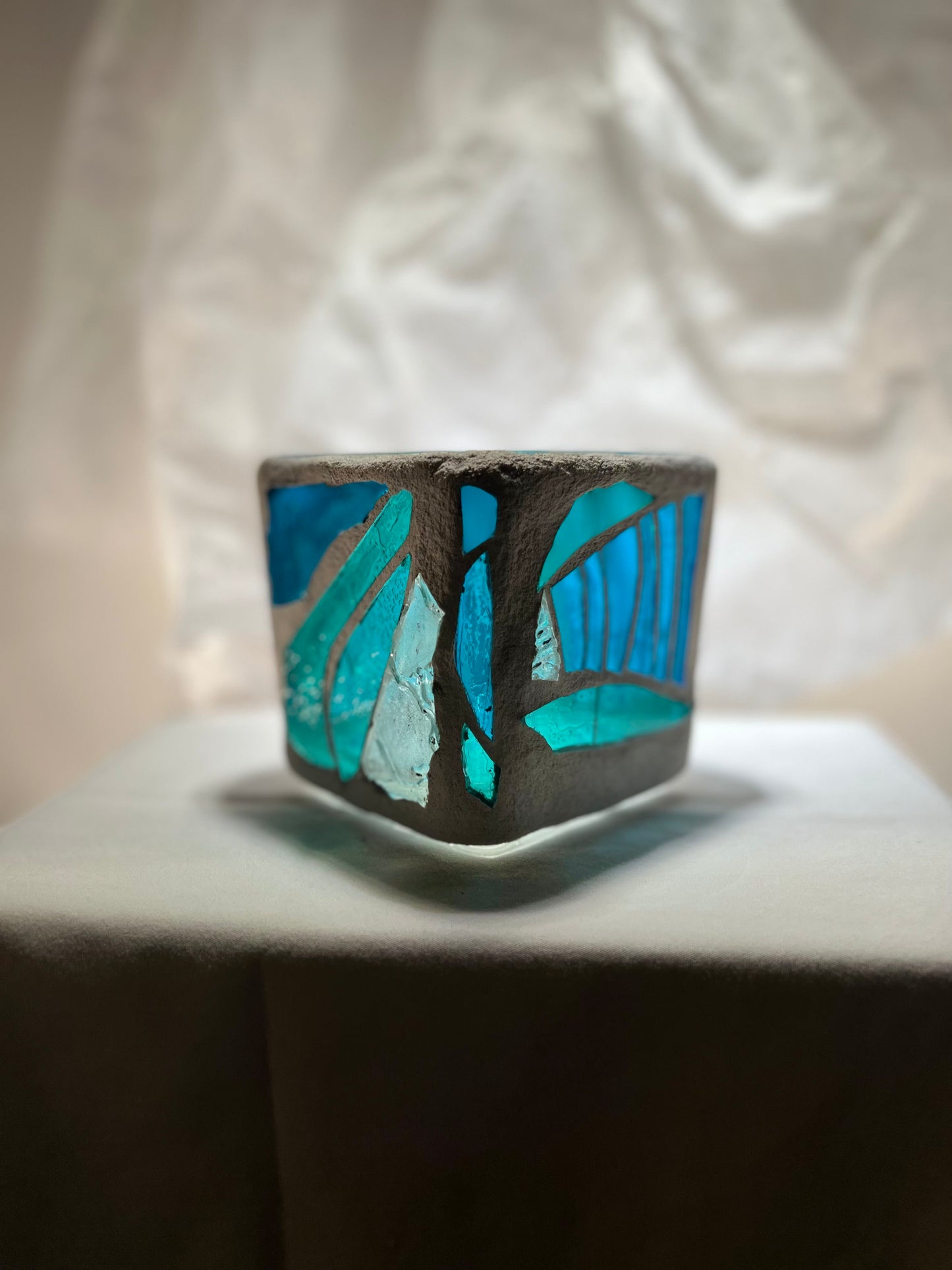 "Dragonfly Blue" Stained Glass Candleholder, 3x3 with iridescent multi-colored changing glass- Cathedral Candles