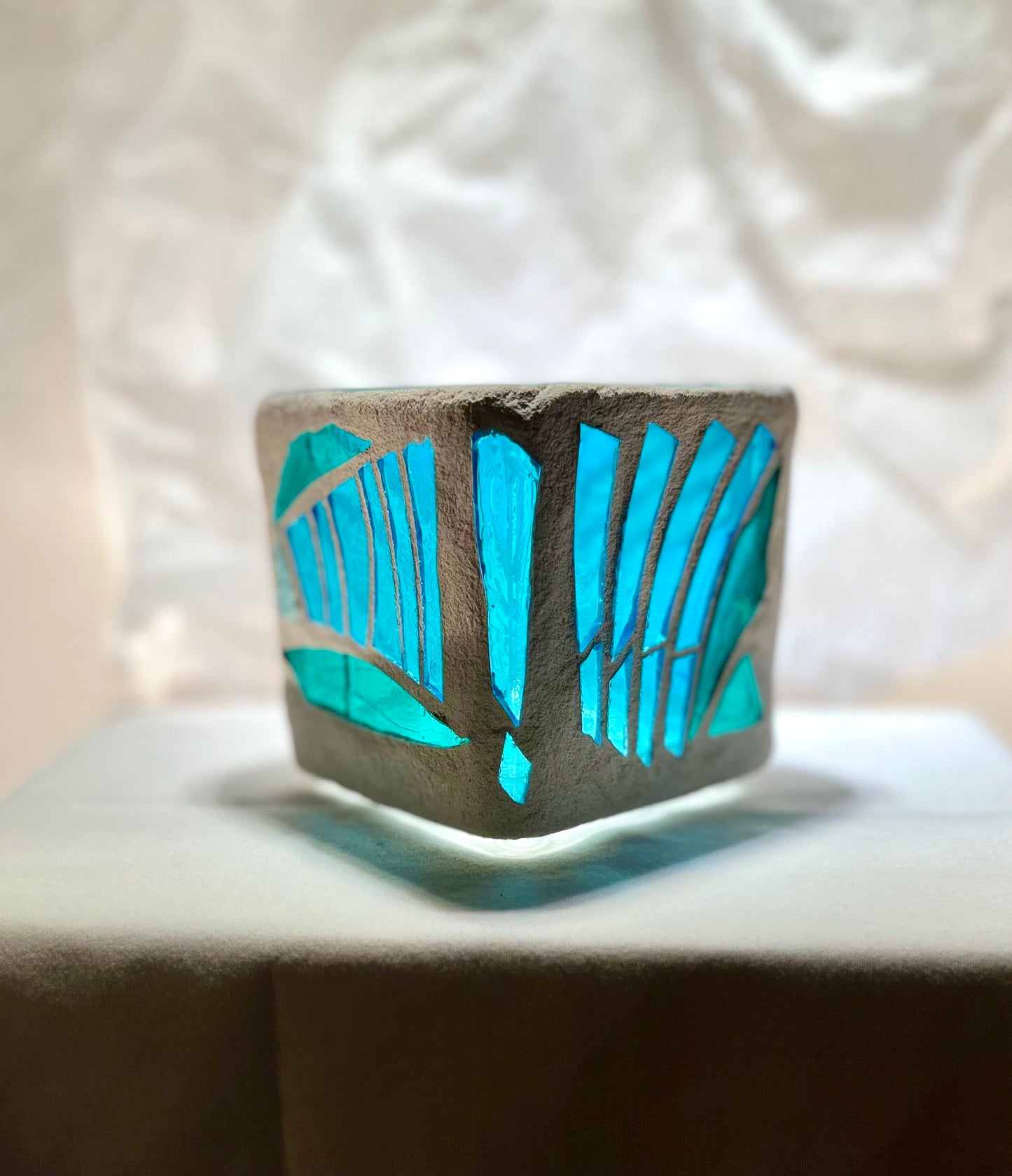 "Dragonfly Blue" Stained Glass Candleholder, 3x3 with iridescent multi-colored changing glass- Cathedral Candles