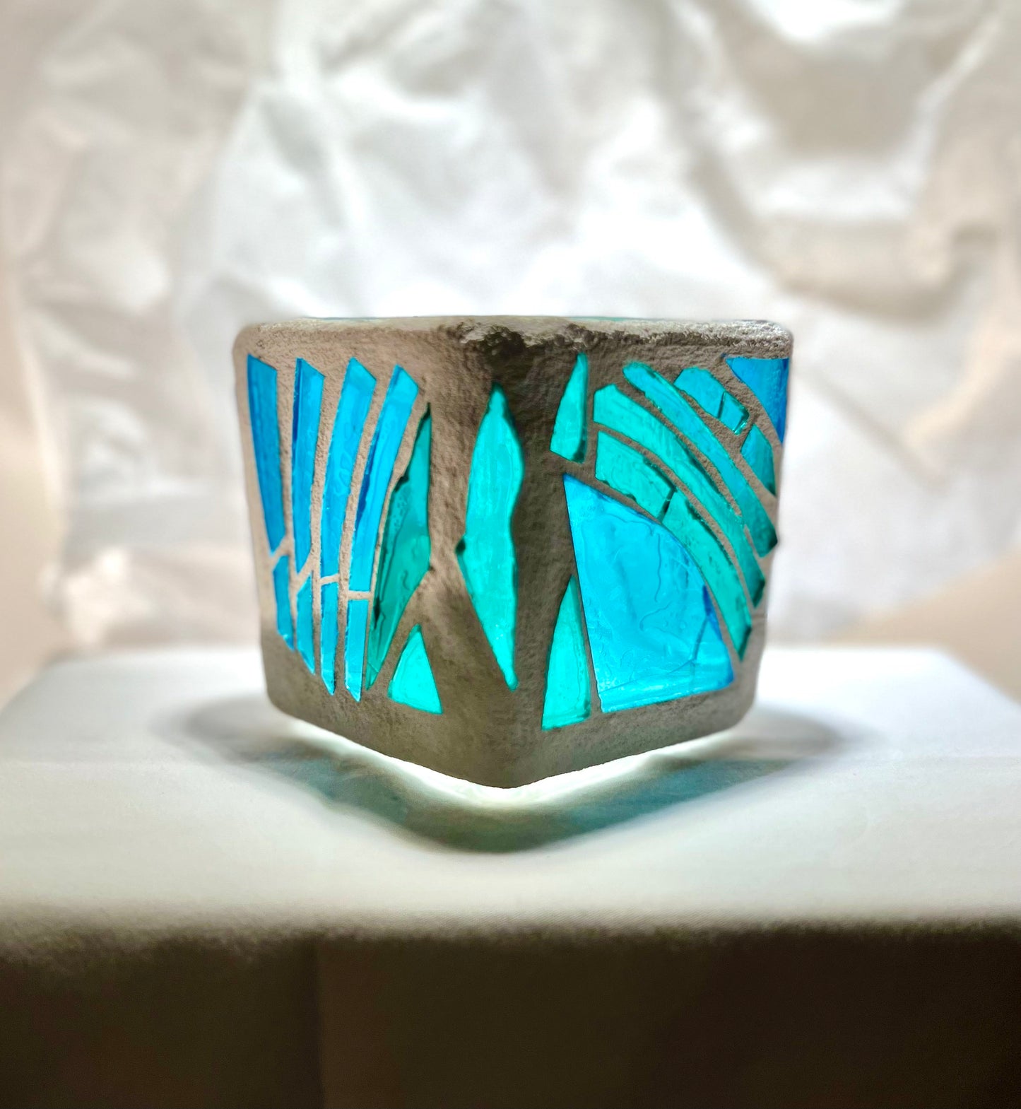 "Dragonfly Blue" Stained Glass Candleholder, 3x3 with iridescent multi-colored changing glass- Cathedral Candles