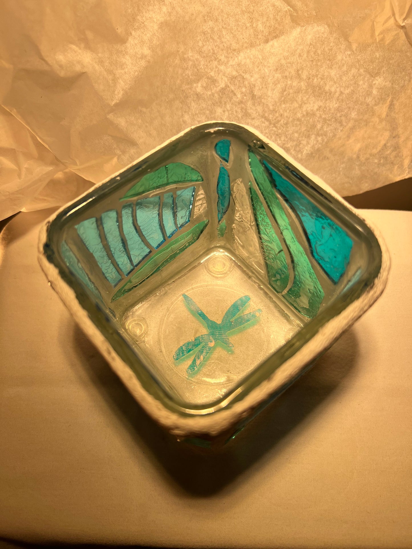 "Dragonfly Blue" Stained Glass Candleholder, 3x3 with iridescent multi-colored changing glass- Cathedral Candles