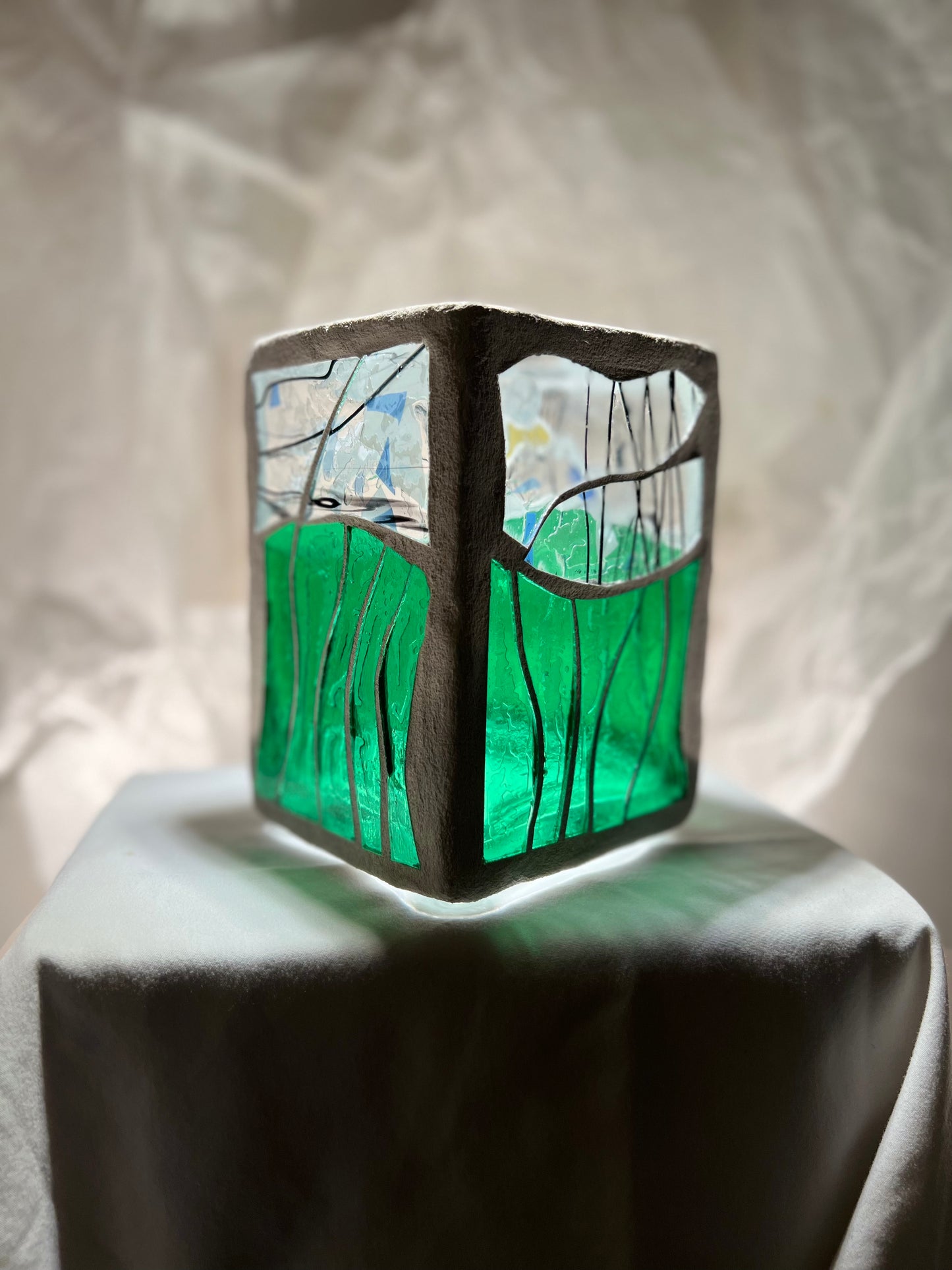 "Aquarium-Inspired Stained Glass Candleholder - Green & Crystal-Clear Glass with White Grout"