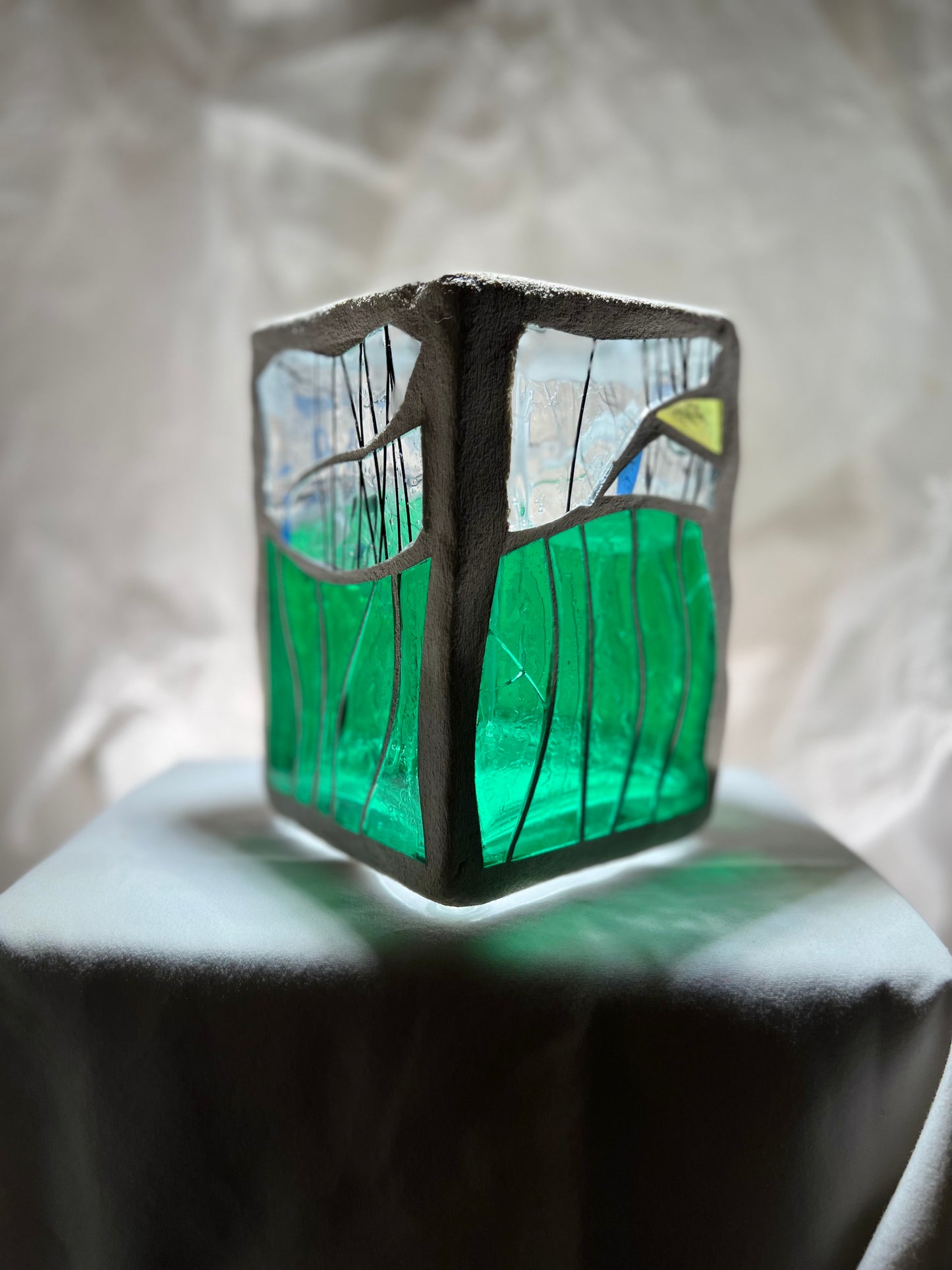 "Aquarium-Inspired Stained Glass Candleholder - Green & Crystal-Clear Glass with White Grout"