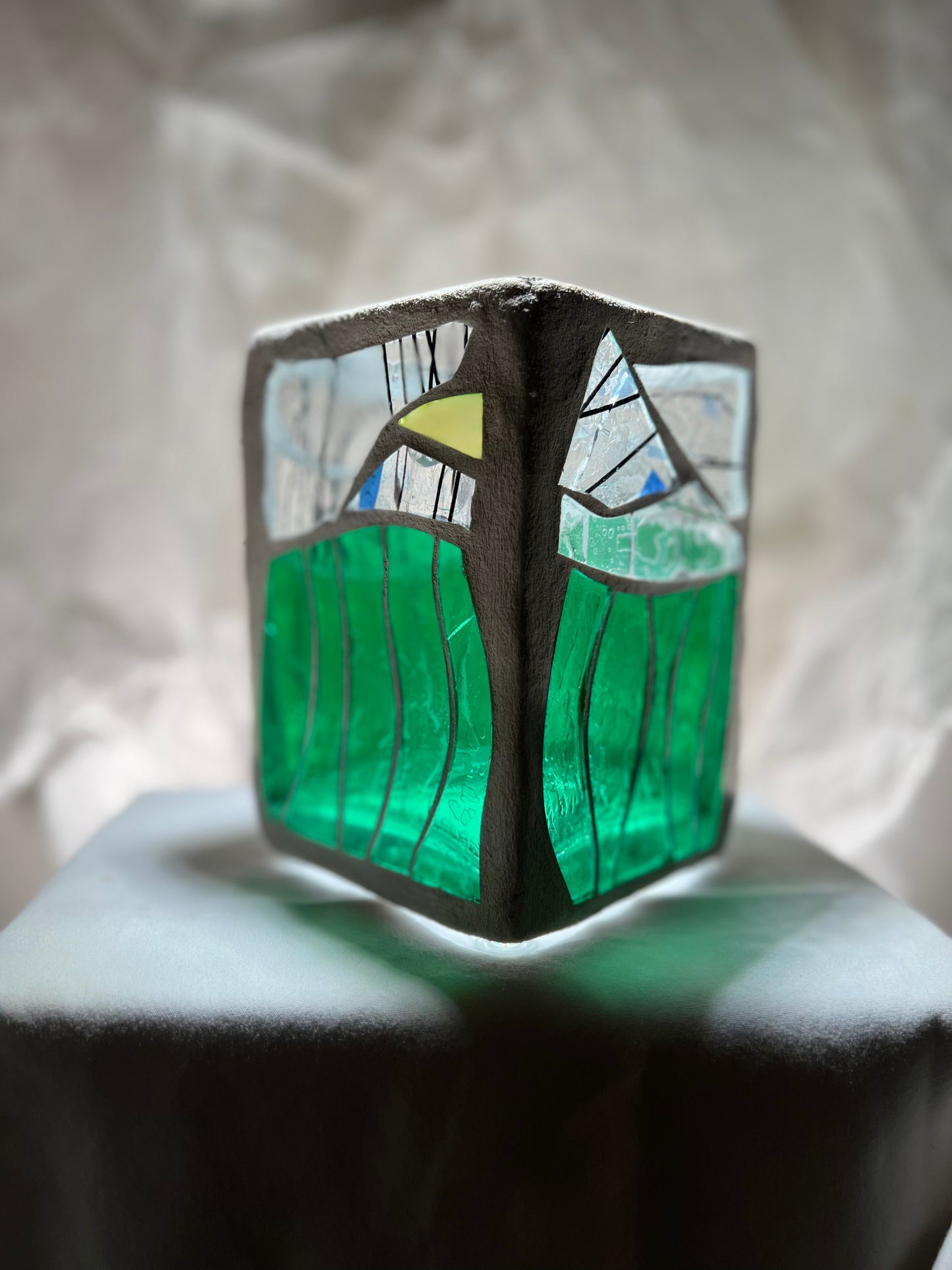 "Aquarium-Inspired Stained Glass Candleholder - Green & Crystal-Clear Glass with White Grout"