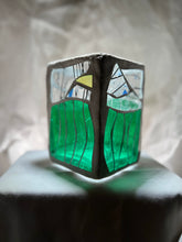 Load image into Gallery viewer, &quot;Aquarium&quot; Stained glass-candleholder, green, and crystal-clear glass, white grout
