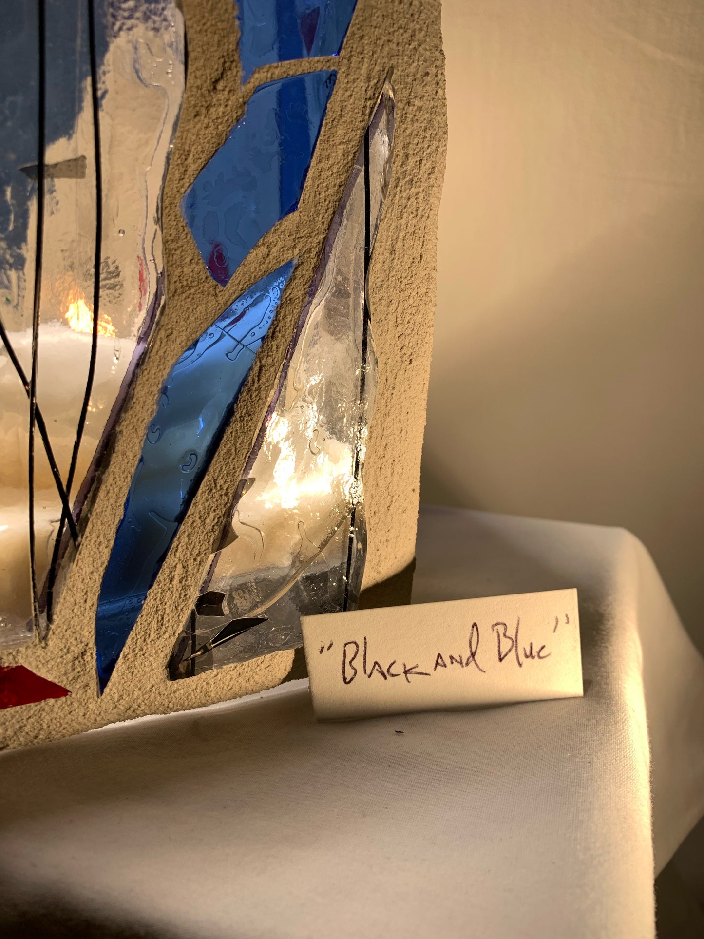 "Black and Blue"  Stained Glass Candle Holder - Red, Blue, and Clear Glass with White Grout | Cathedral Candles "