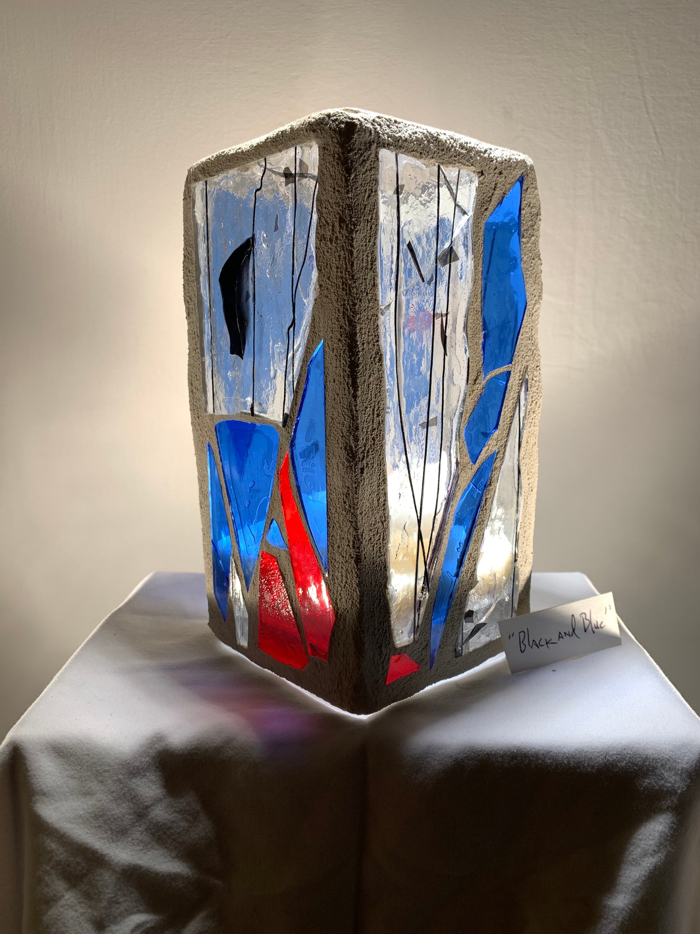 "Black and Blue"  Stained Glass Candle Holder - Red, Blue, and Clear Glass with White Grout | Cathedral Candles "