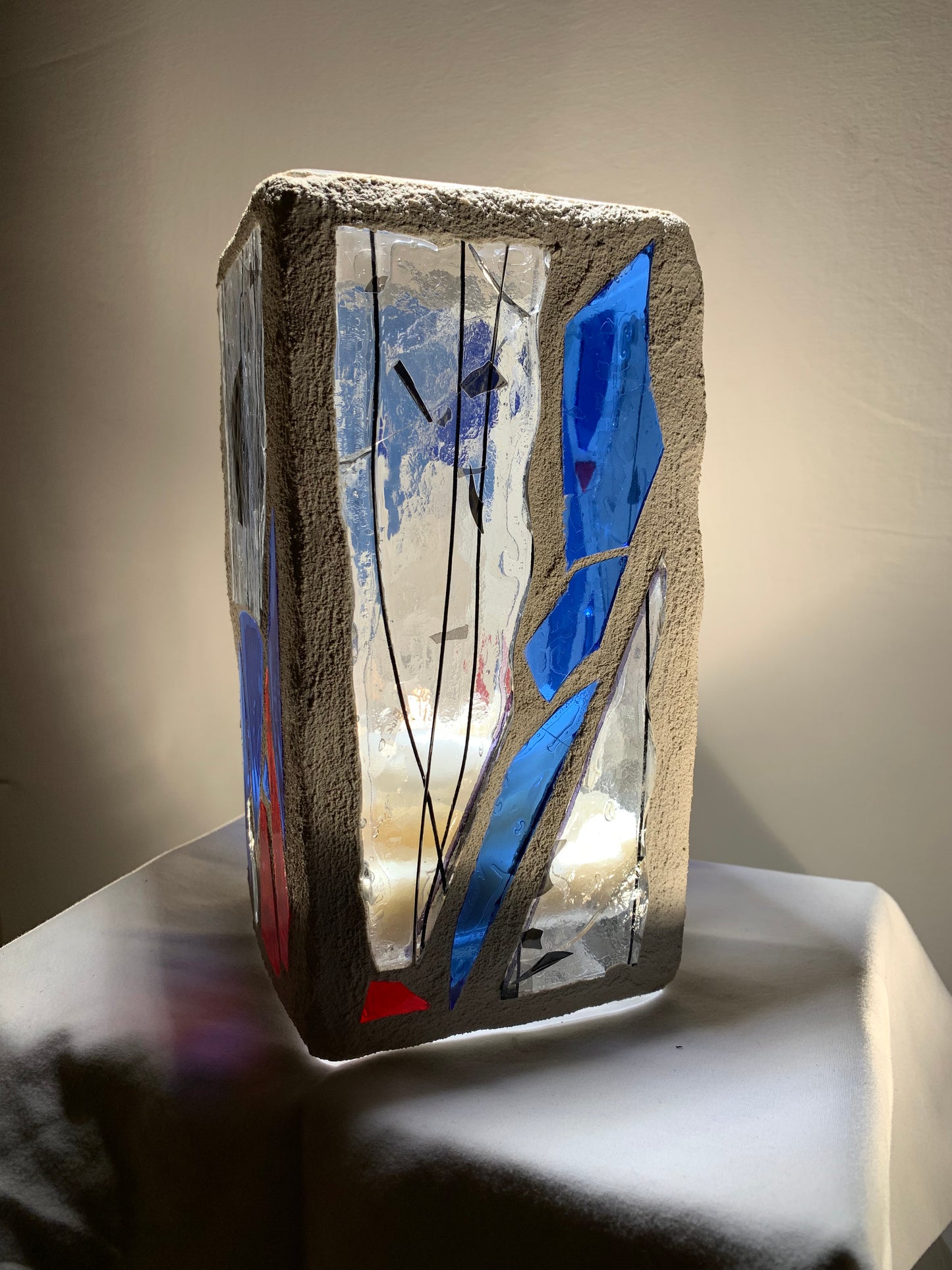 "Black and Blue"  Stained Glass Candle Holder - Red, Blue, and Clear Glass with White Grout | Cathedral Candles "