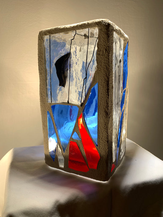 "Black and Blue"  Stained Glass Candle Holder - Red, Blue, and Clear Glass with White Grout | Cathedral Candles "