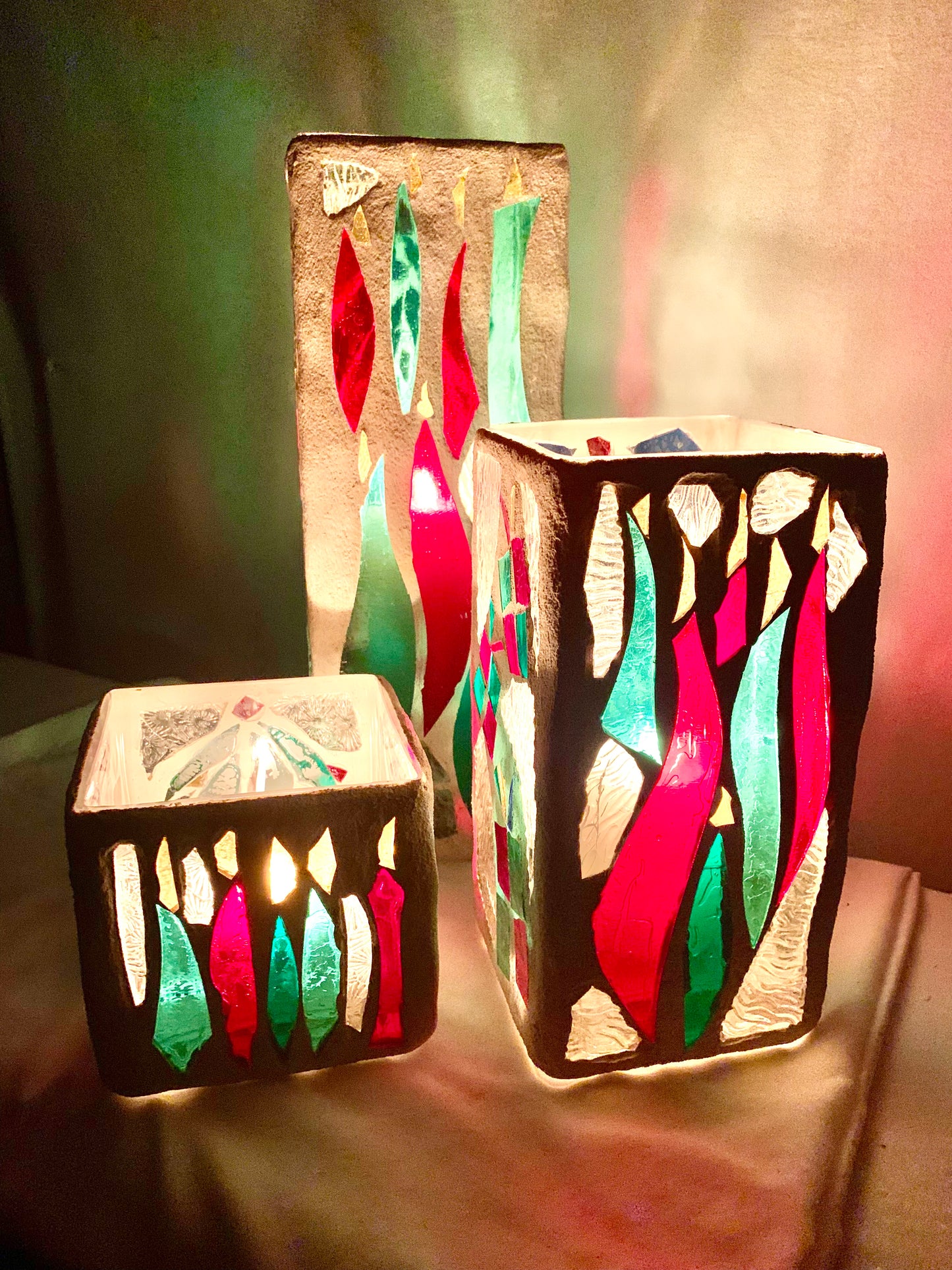 "Three Christmas Sisters" Stained Glass Candleholders – A Festive Trio for the Season