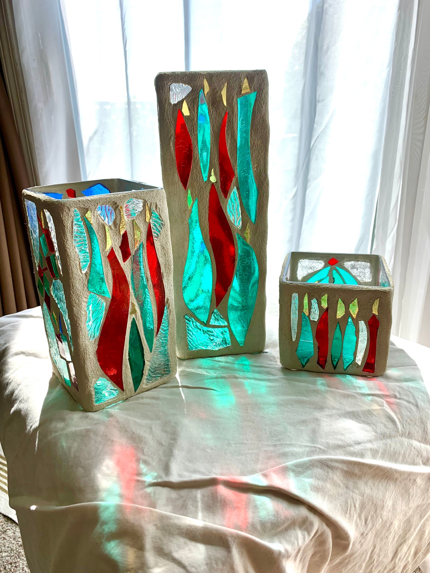 "Three Christmas Sisters" Stained Glass Candleholders – A Festive Trio for the Season