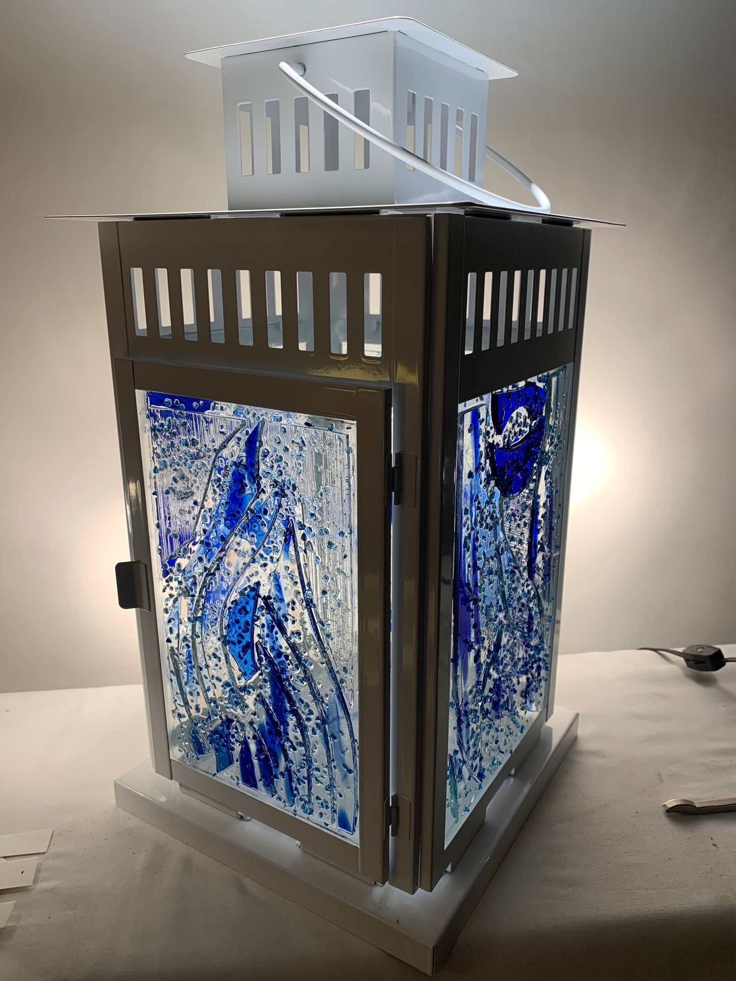 "Blue Flame" Stained Glass Lantern – 14” Tall, Multicolored Blue Glass for Outdoor Lighting | Cathedral Candles"