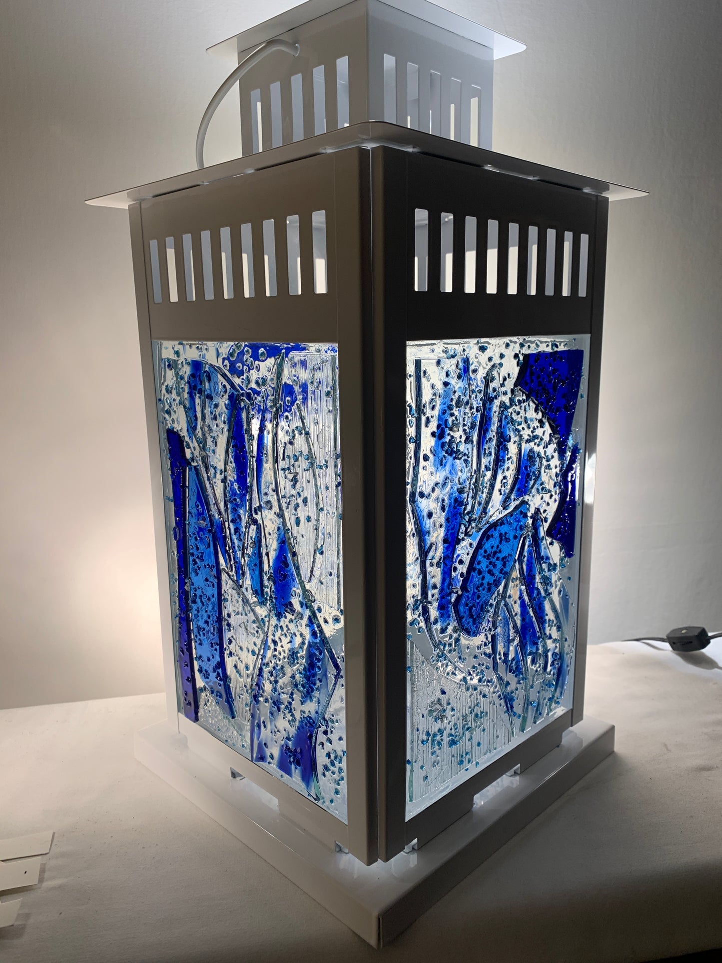 "Blue Flame" Stained Glass Lantern – 14” Tall, Multicolored Blue Glass for Outdoor Lighting | Cathedral Candles"