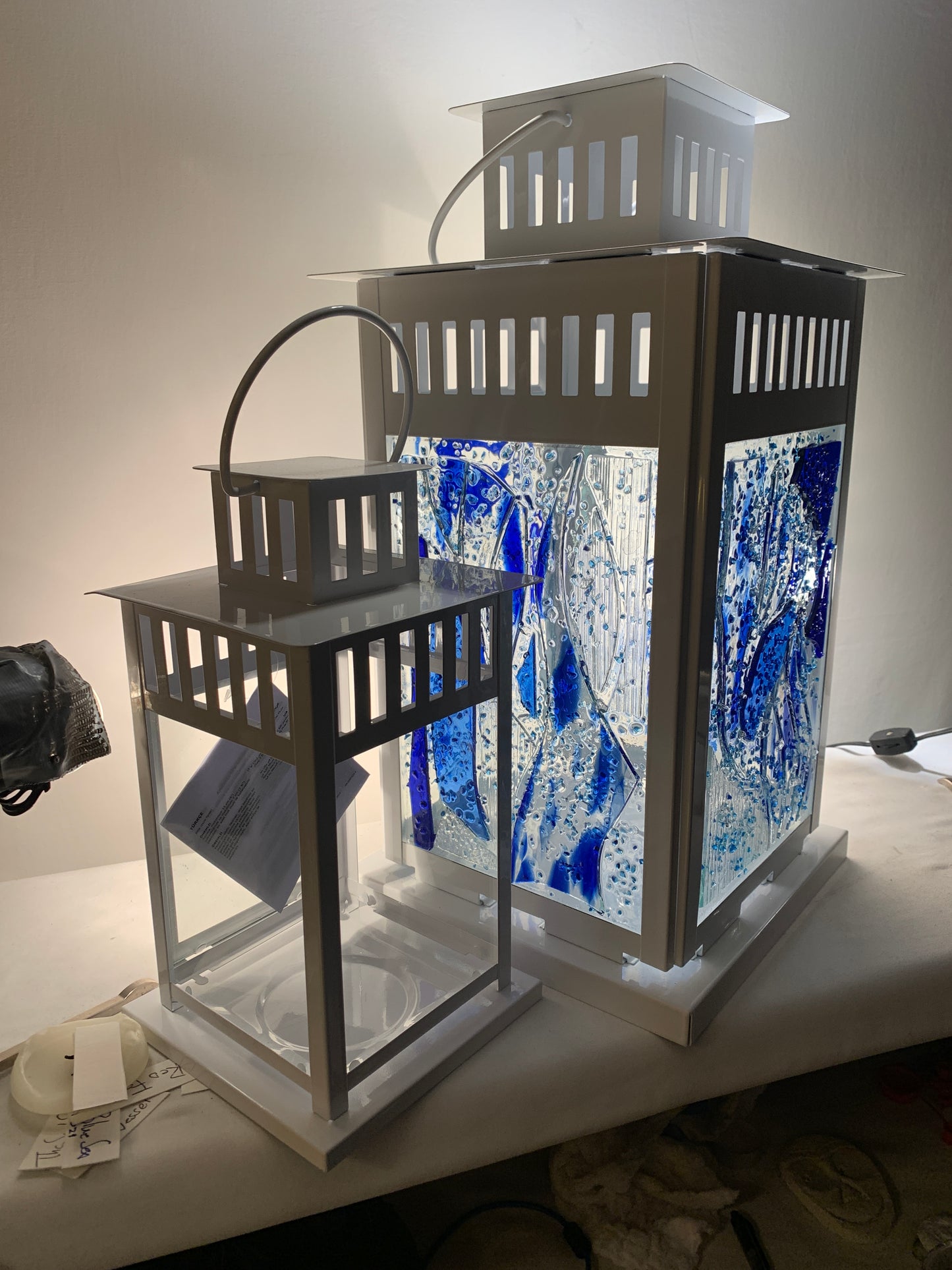 "Blue Flame" Stained Glass Lantern – 14” Tall, Multicolored Blue Glass for Outdoor Lighting | Cathedral Candles"