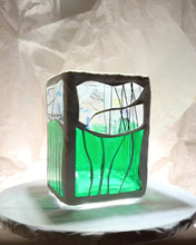 Load and play video in Gallery viewer, &quot;Aquarium&quot; Stained glass-candleholder, green, and crystal-clear glass, white grout
