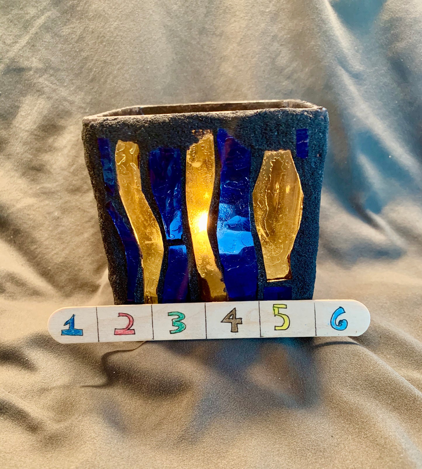 "Dark Magic II"  Cathedral Candleholder - Blue and Yellow Stained Glass with Coal Grout, Handcrafted Vase or Planter"