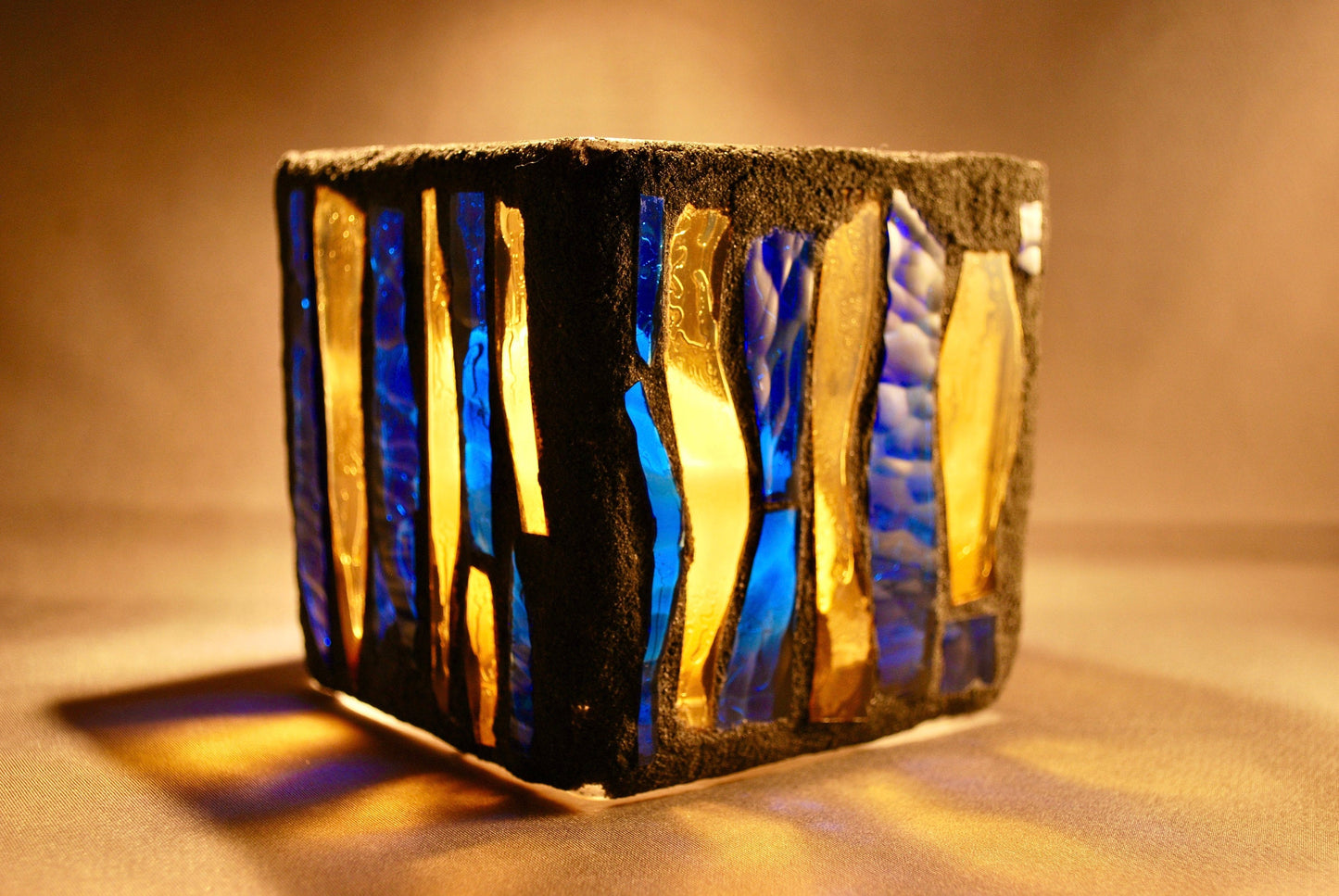 "Dark Magic II"  Cathedral Candleholder - Blue and Yellow Stained Glass with Coal Grout, Handcrafted Vase or Planter"