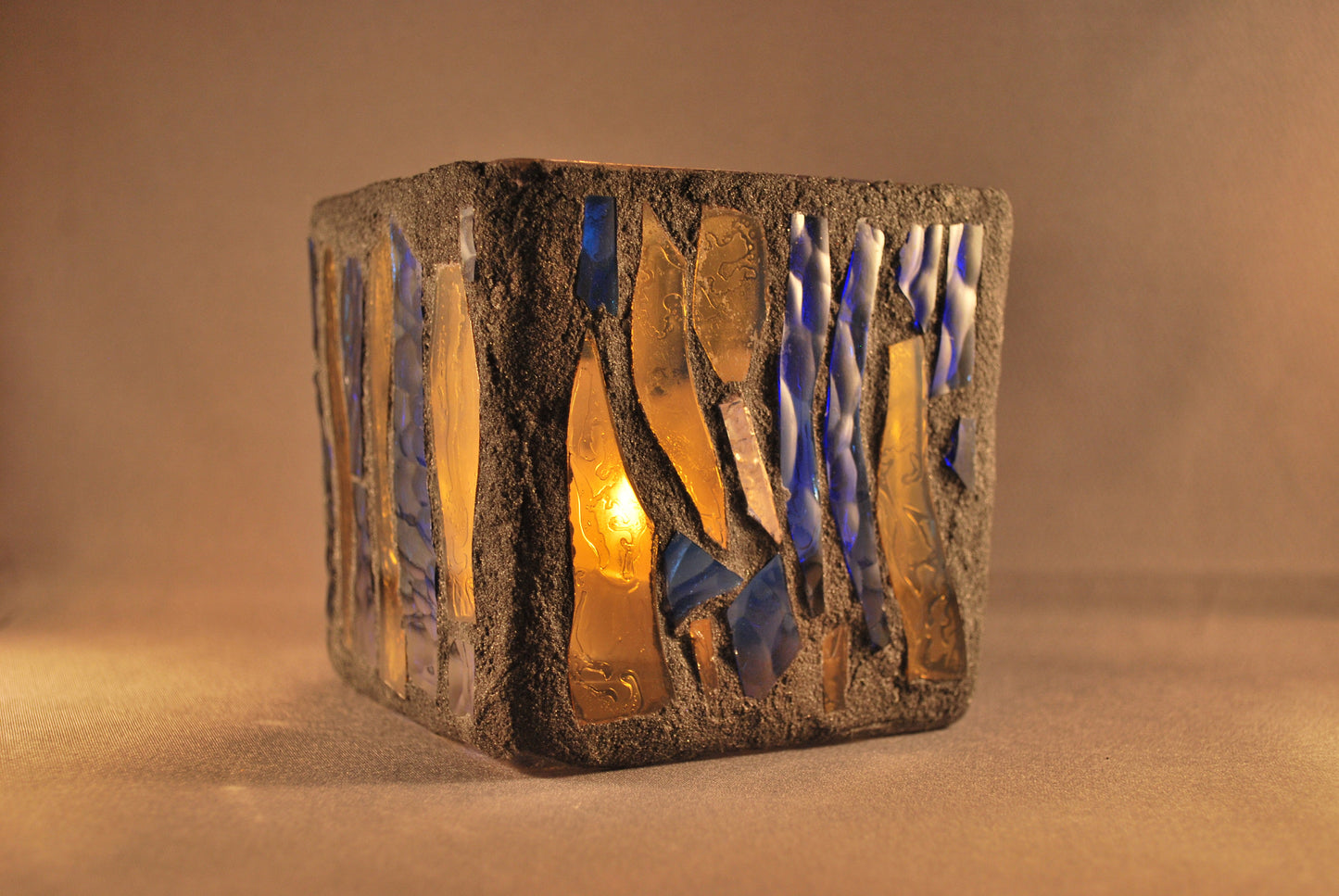 "Dark Magic II"  Cathedral Candleholder - Blue and Yellow Stained Glass with Coal Grout, Handcrafted Vase or Planter"