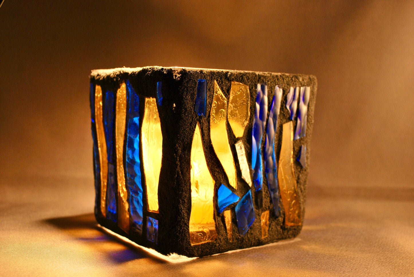 "Dark Magic II"  Cathedral Candleholder - Blue and Yellow Stained Glass with Coal Grout, Handcrafted Vase or Planter"