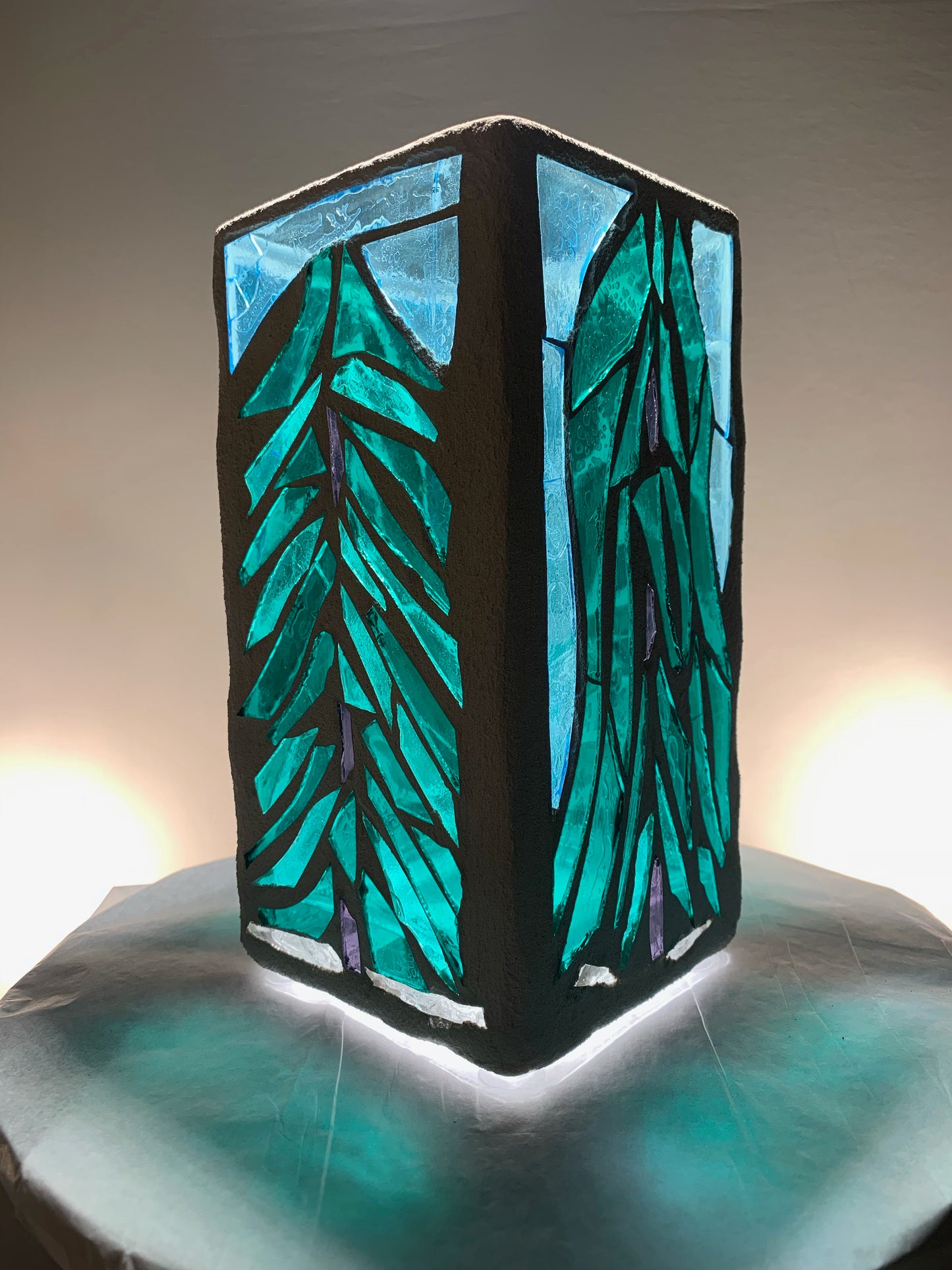 "Evergreen"  Stained Glass Candle Holder – Green, Blue, and Clear Glass with Bright White Grout | Cathedral Candles"