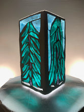 Load image into Gallery viewer, &quot;Evergreen&quot; Stained glass candleholder, green, blue and crystal clear glass ,Bright white grout
