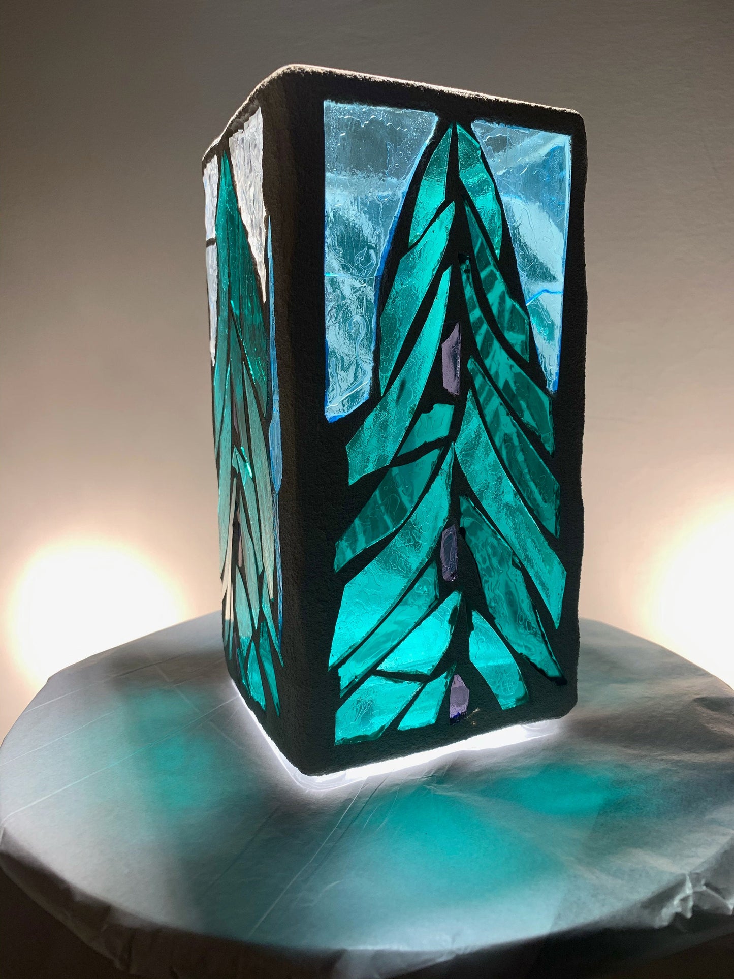 "Evergreen"  Stained Glass Candle Holder – Green, Blue, and Clear Glass with Bright White Grout | Cathedral Candles"