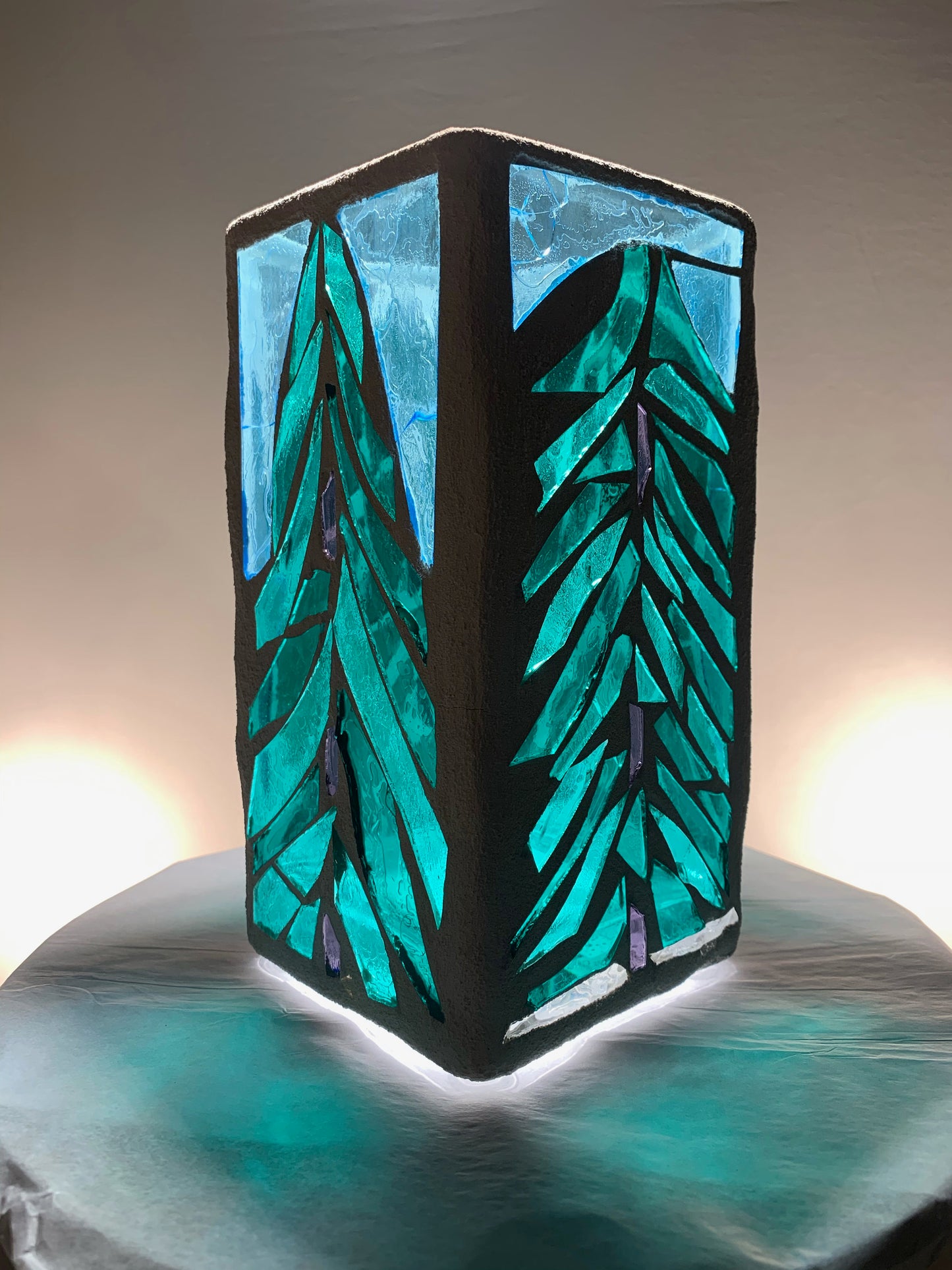 "Evergreen"  Stained Glass Candle Holder – Green, Blue, and Clear Glass with Bright White Grout | Cathedral Candles"