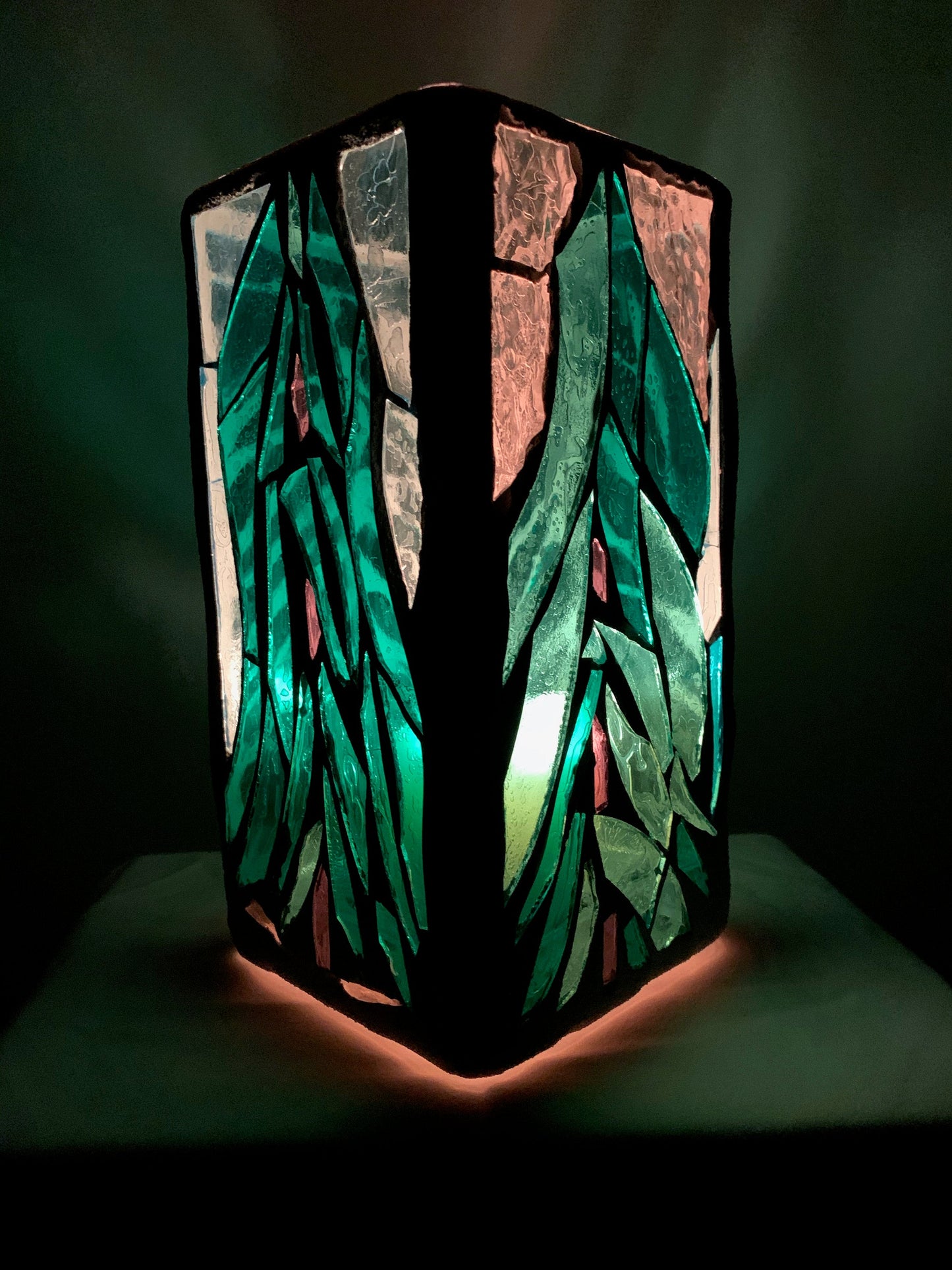 "Evergreen"  Stained Glass Candle Holder – Green, Blue, and Clear Glass with Bright White Grout | Cathedral Candles"