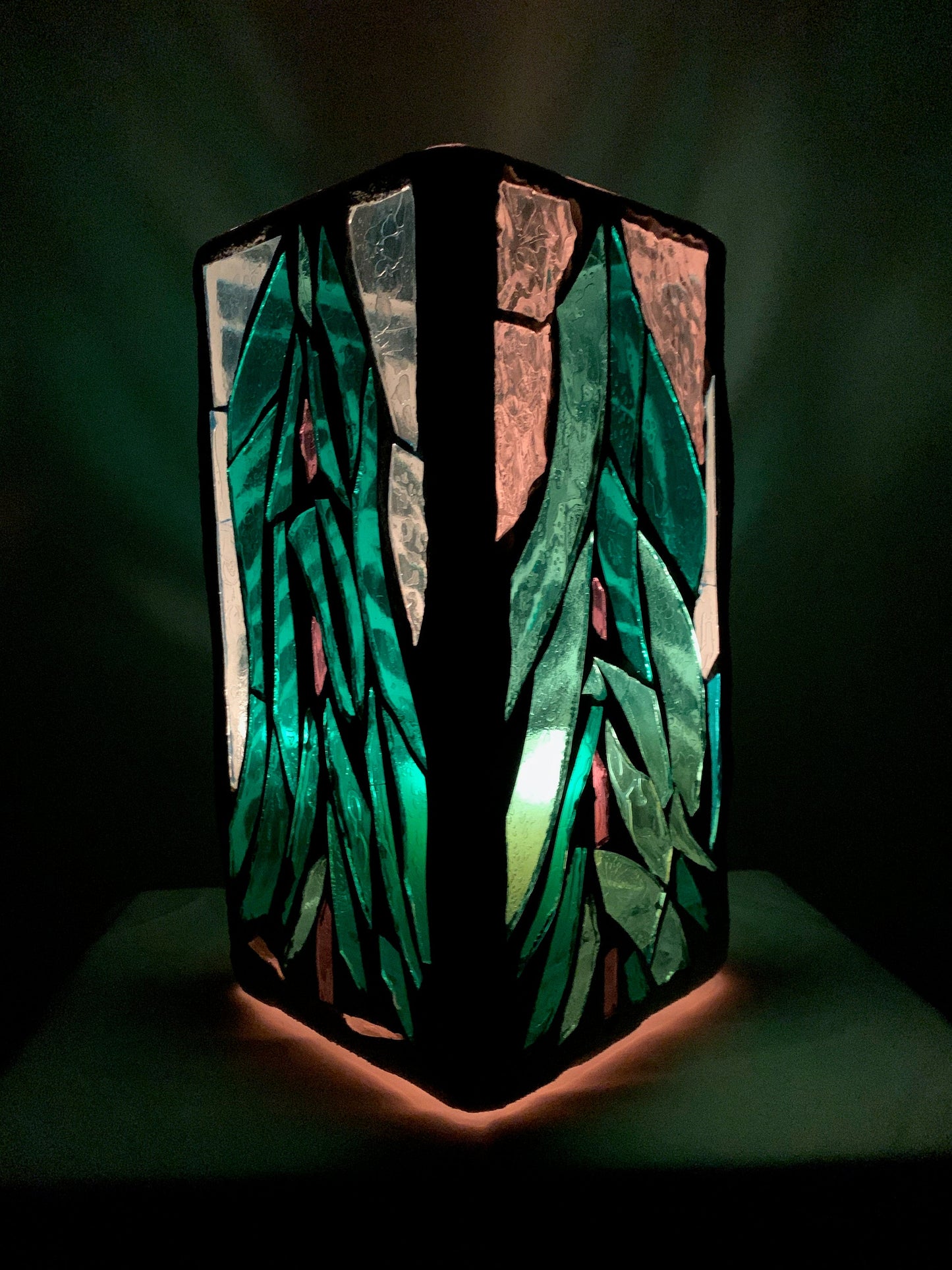 "Evergreen"  Stained Glass Candle Holder – Green, Blue, and Clear Glass with Bright White Grout | Cathedral Candles"