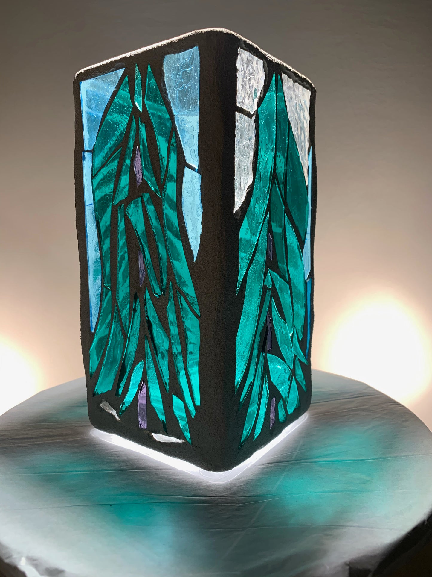 "Evergreen"  Stained Glass Candle Holder – Green, Blue, and Clear Glass with Bright White Grout | Cathedral Candles"