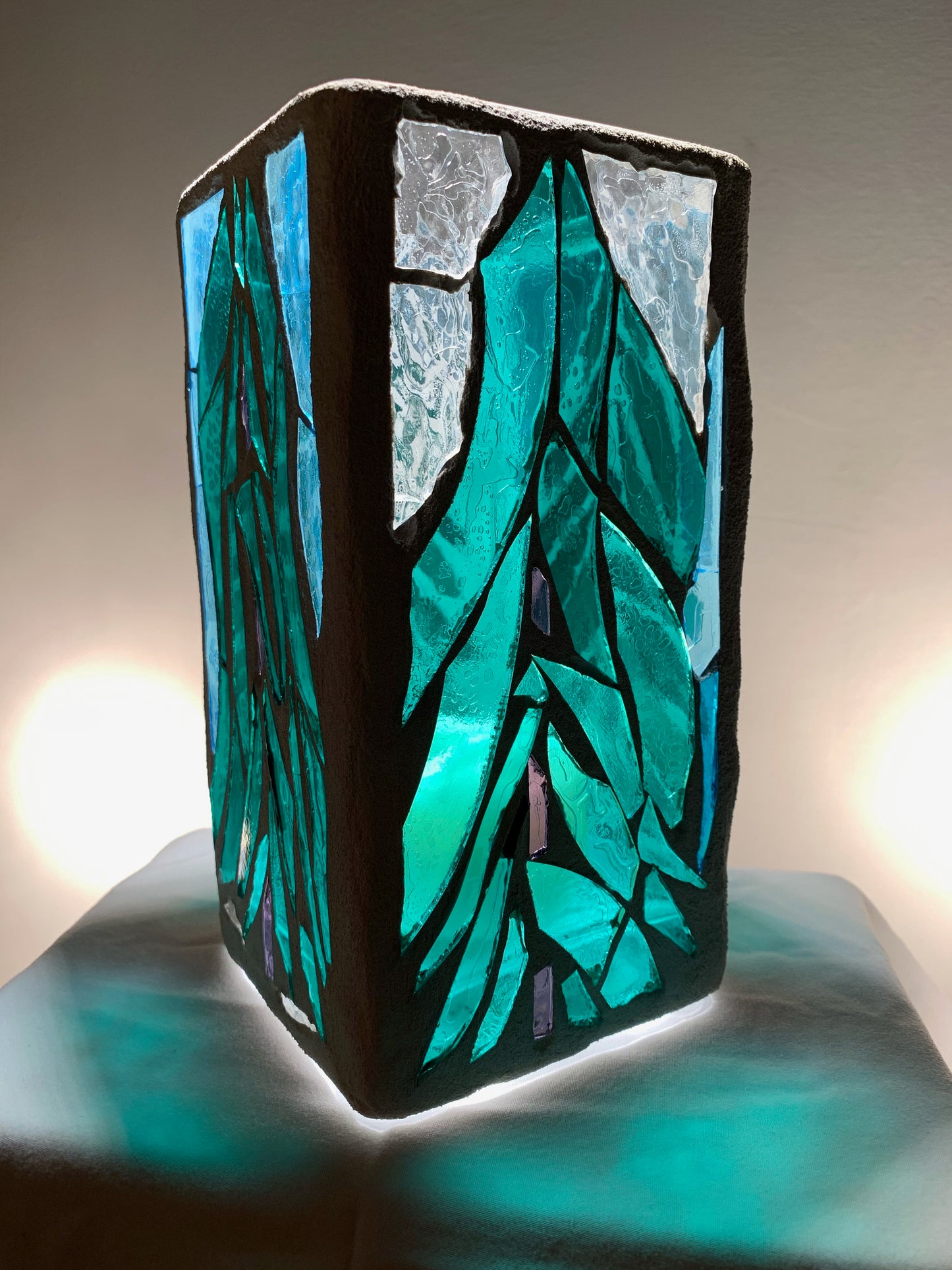 "Evergreen"  Stained Glass Candle Holder – Green, Blue, and Clear Glass with Bright White Grout | Cathedral Candles"