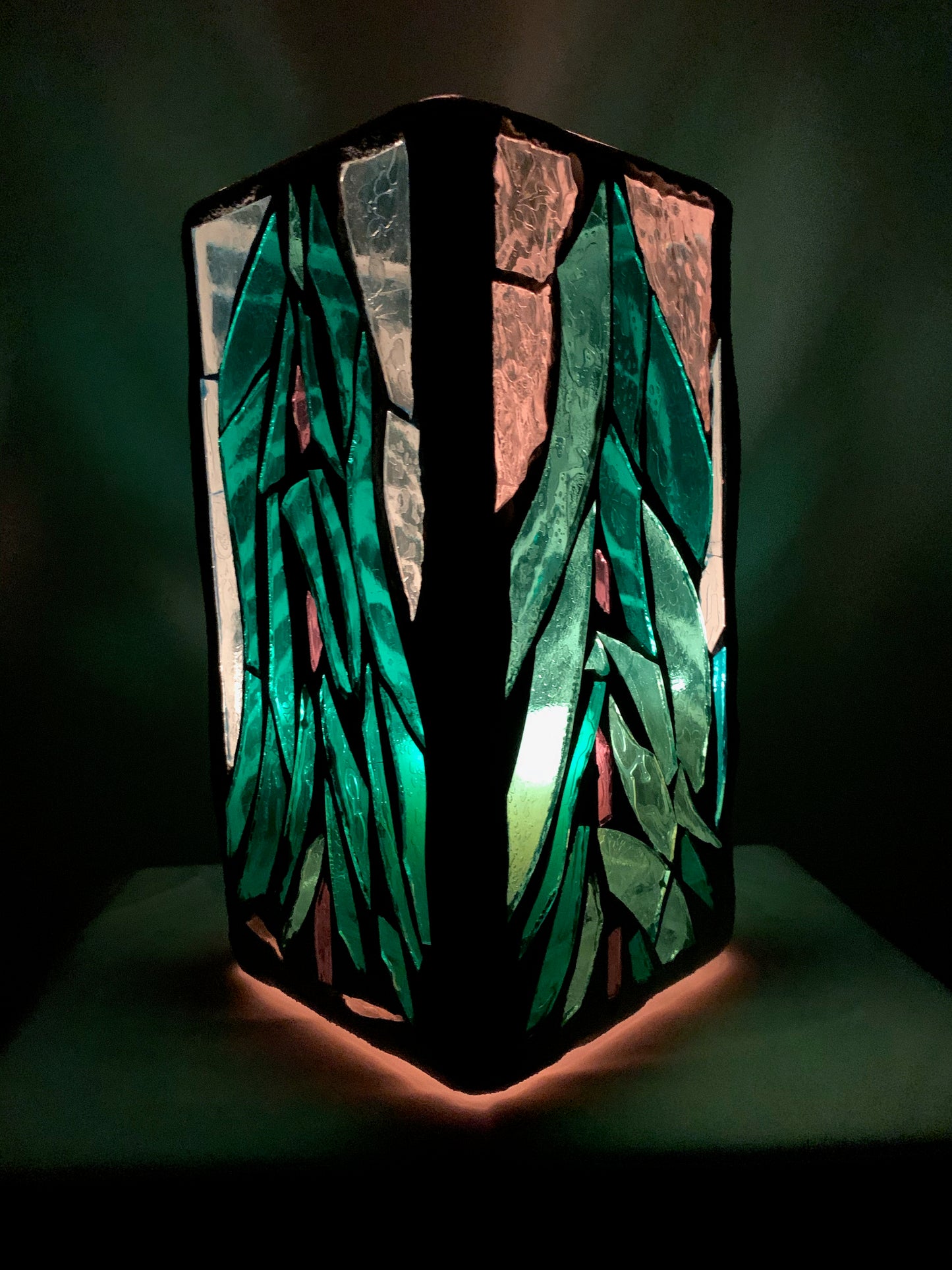 "Evergreen"  Stained Glass Candle Holder – Green, Blue, and Clear Glass with Bright White Grout | Cathedral Candles"