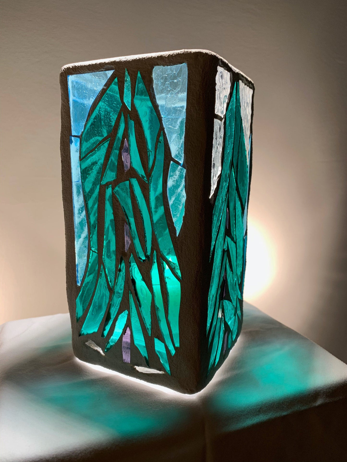 "Evergreen"  Stained Glass Candle Holder – Green, Blue, and Clear Glass with Bright White Grout | Cathedral Candles"